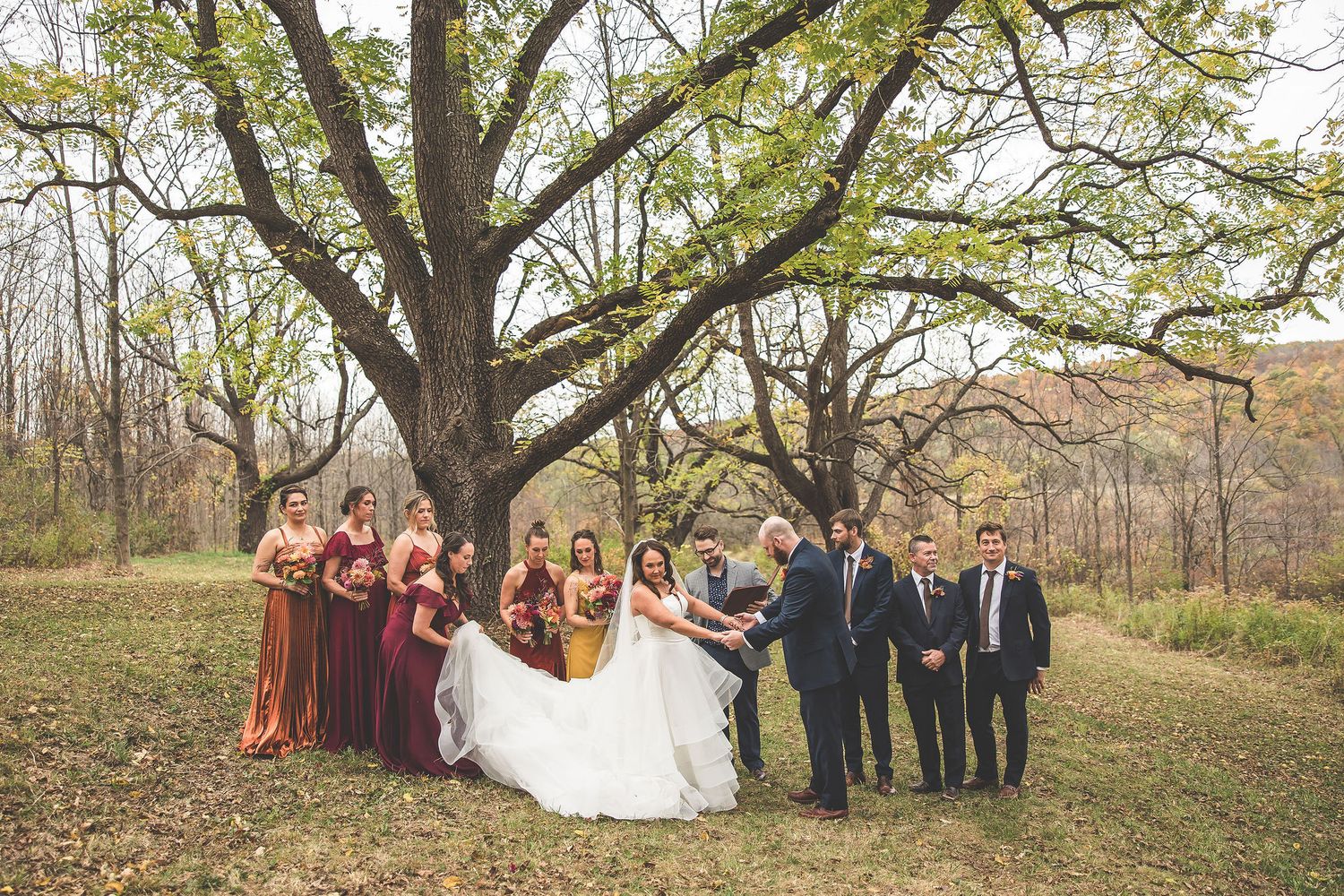 Wedding party poses under a large tree in autumn with bridesmaids in burgundy and groomsmen in navy.