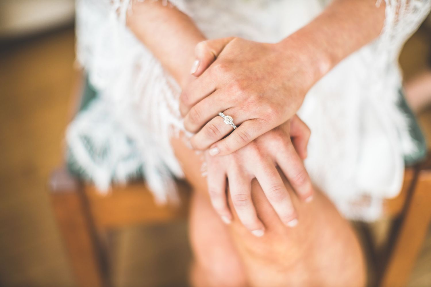 Close up of hands with wedding ring resting on white dress fabric.