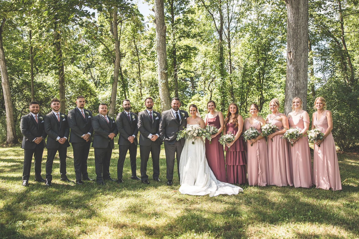 Wedding party lined up in formal attire with bridesmaids in pink dresses and groomsmen in dark suits.