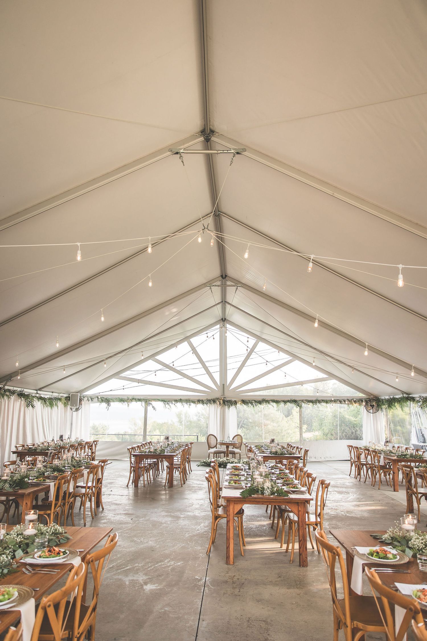 Large white wedding tent interior with wooden cross-back chairs and string lights hanging from peaked ceiling.