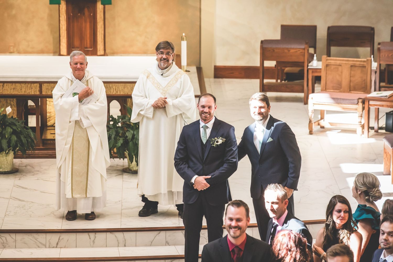 A collage of candid moments from a church wedding ceremony showing guests and celebrations.