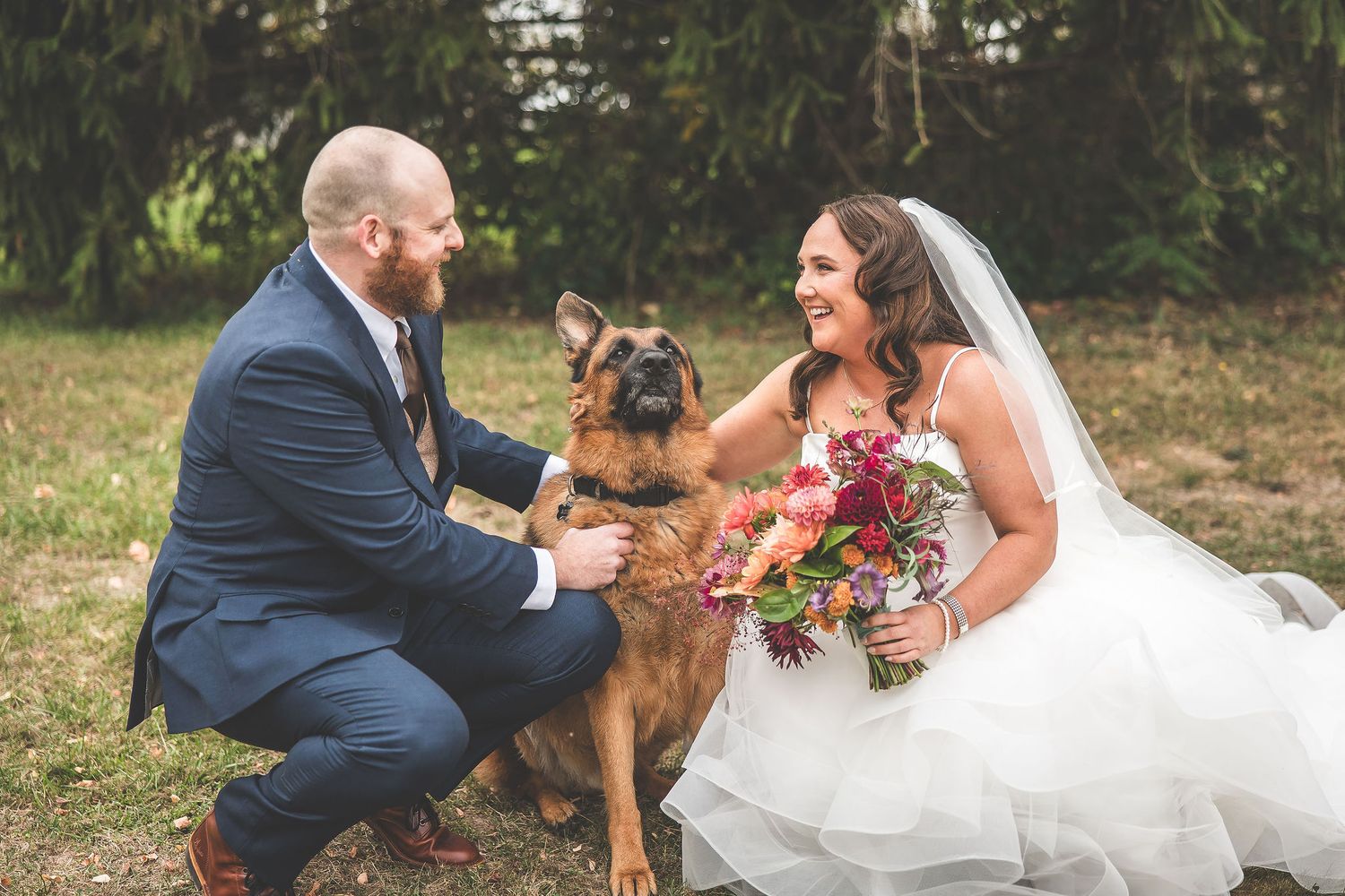 A wedding couple plays with their German Shepherd dog in an outdoor autumn setting.