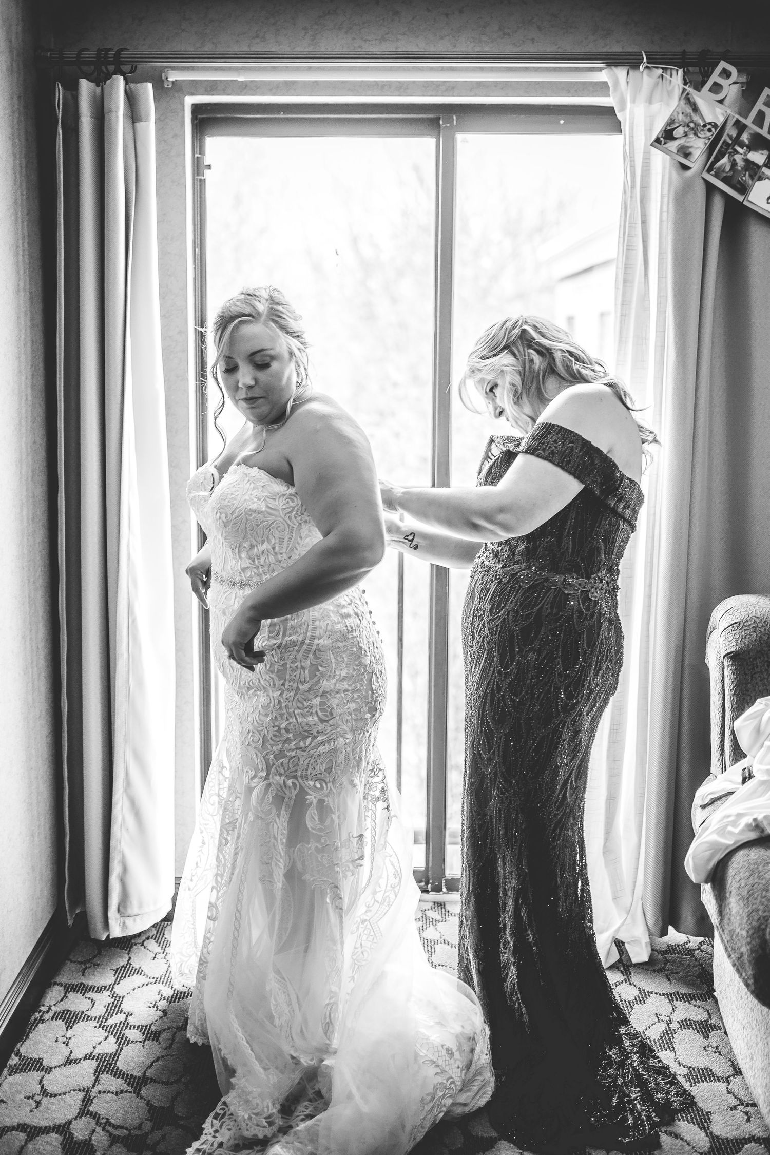 Series of photos showing bride getting ready in front of sunlit windows.