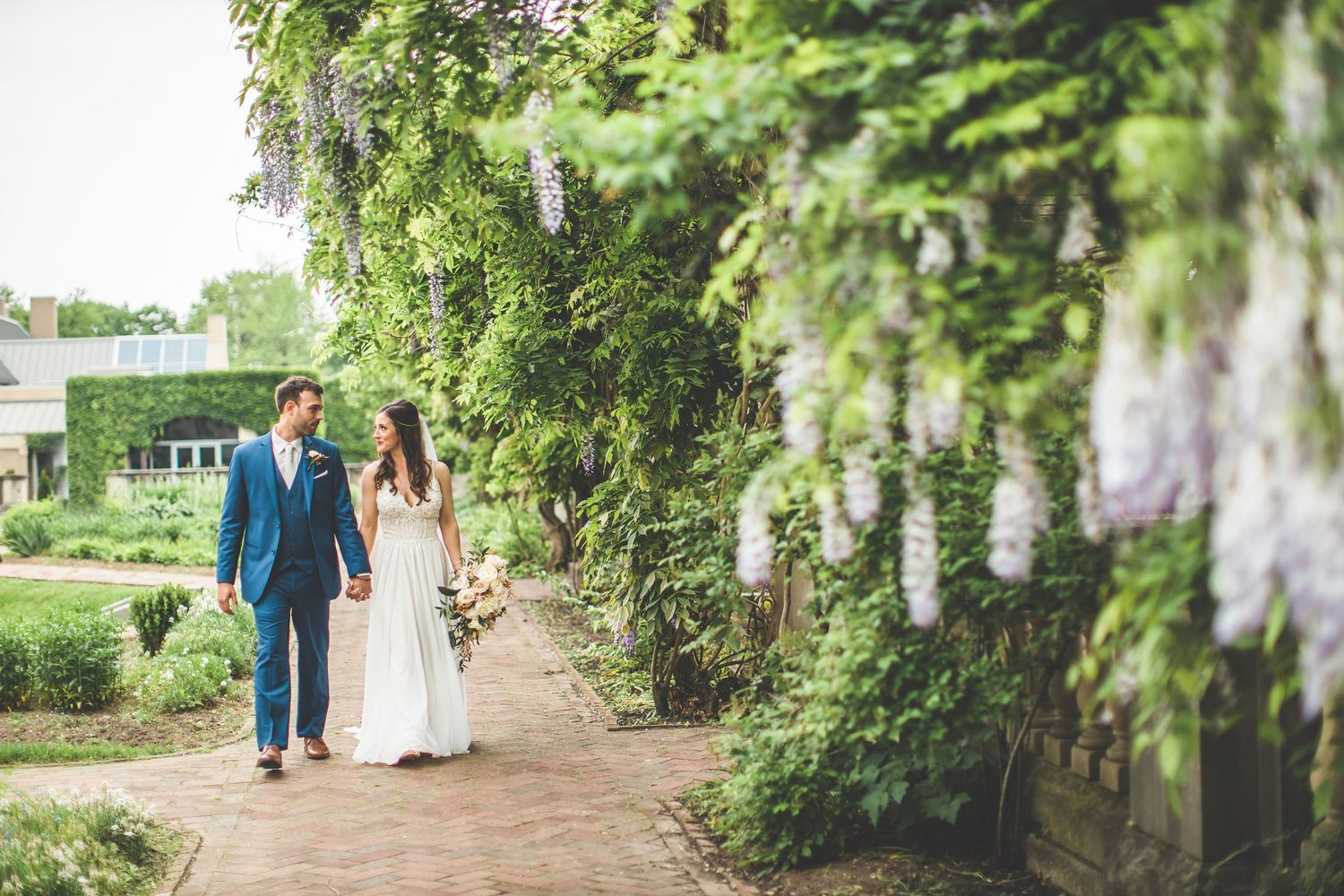A couple walks along a garden path lined with lush greenery and wisteria vines on their wedding day.