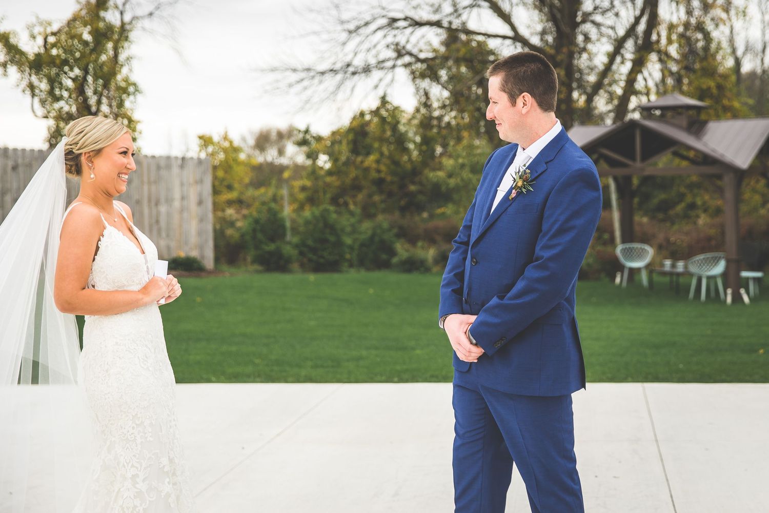 Outdoor wedding first look sequence with bride and groom.