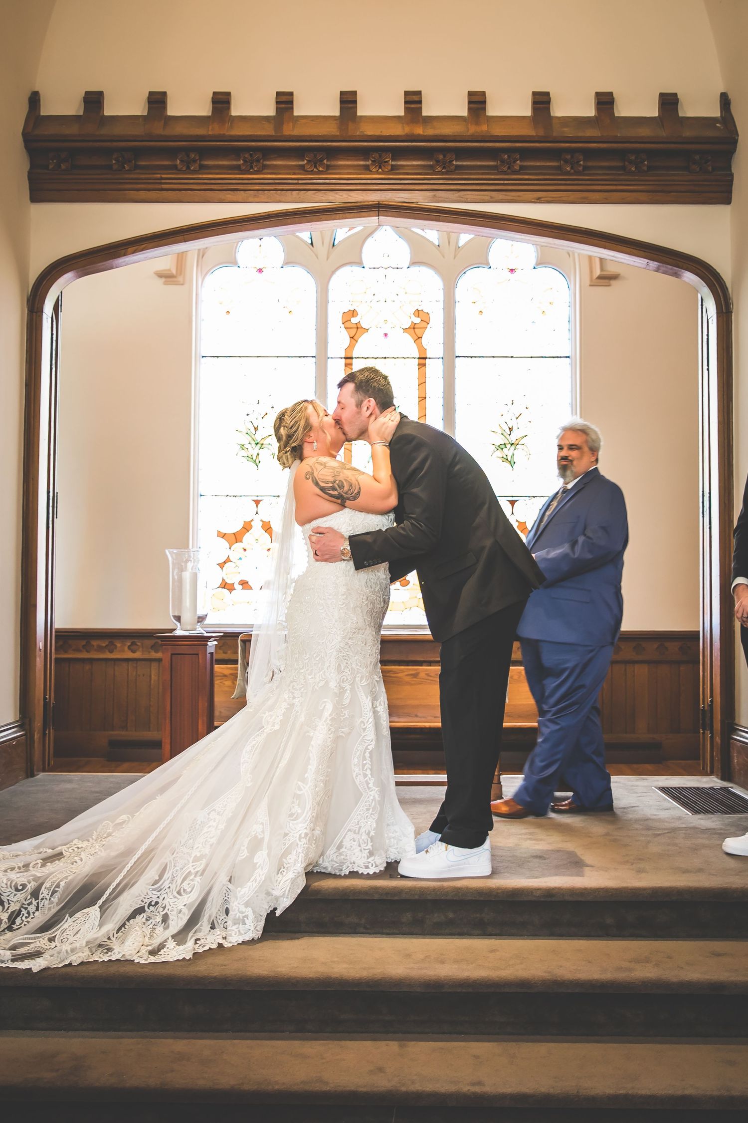 Series of wedding photos showing couple exchanging vows in an elegant church interior with wooden accents.