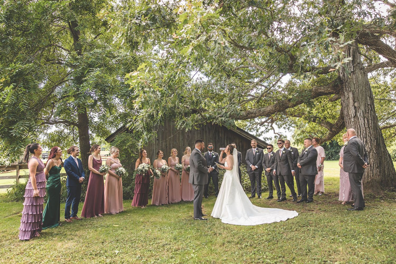 Wedding guests and bridal party arranged in groups for photos on a grassy hillside.