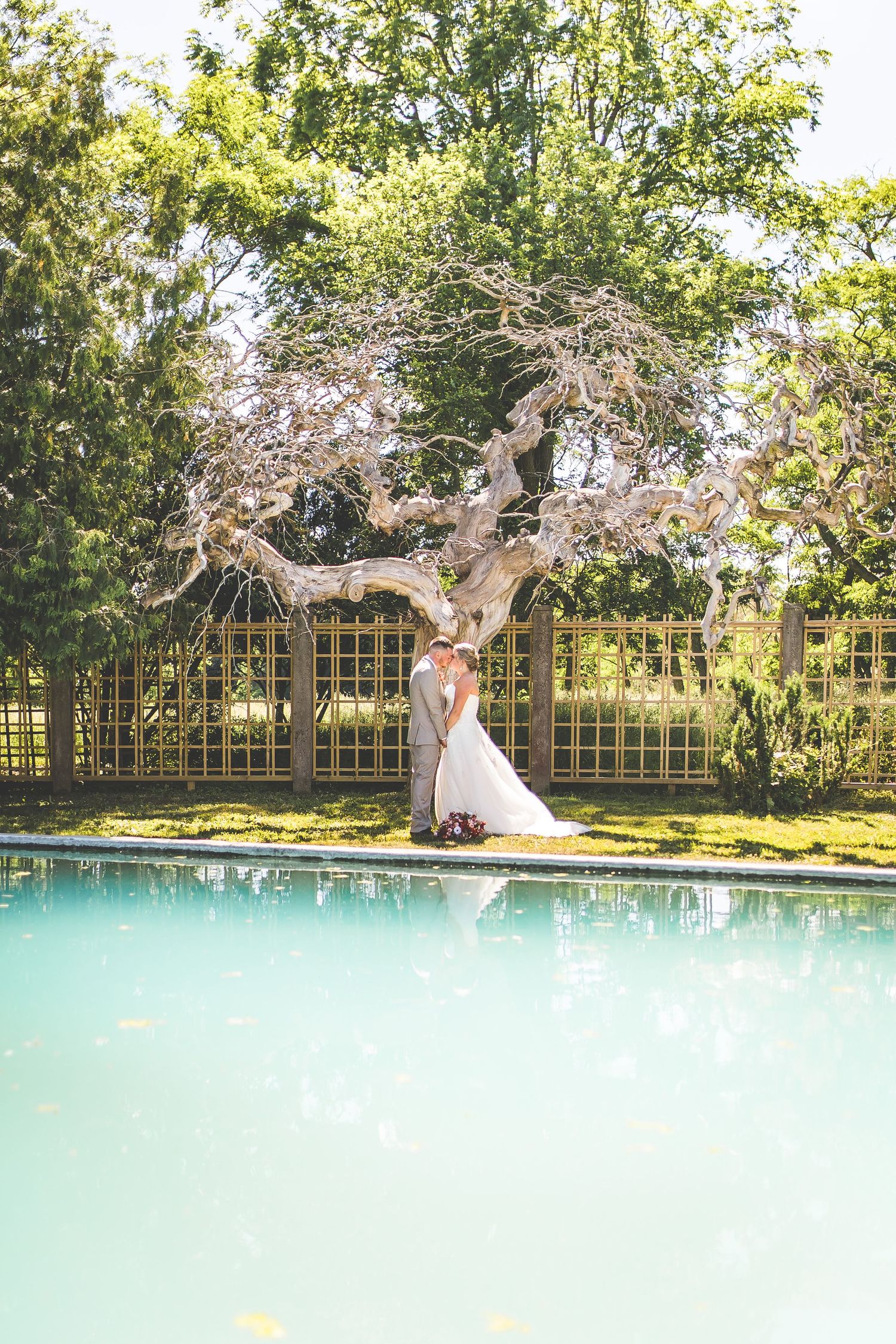 Romantic wedding photos taken by a pool with lush greenery and trees in the background.