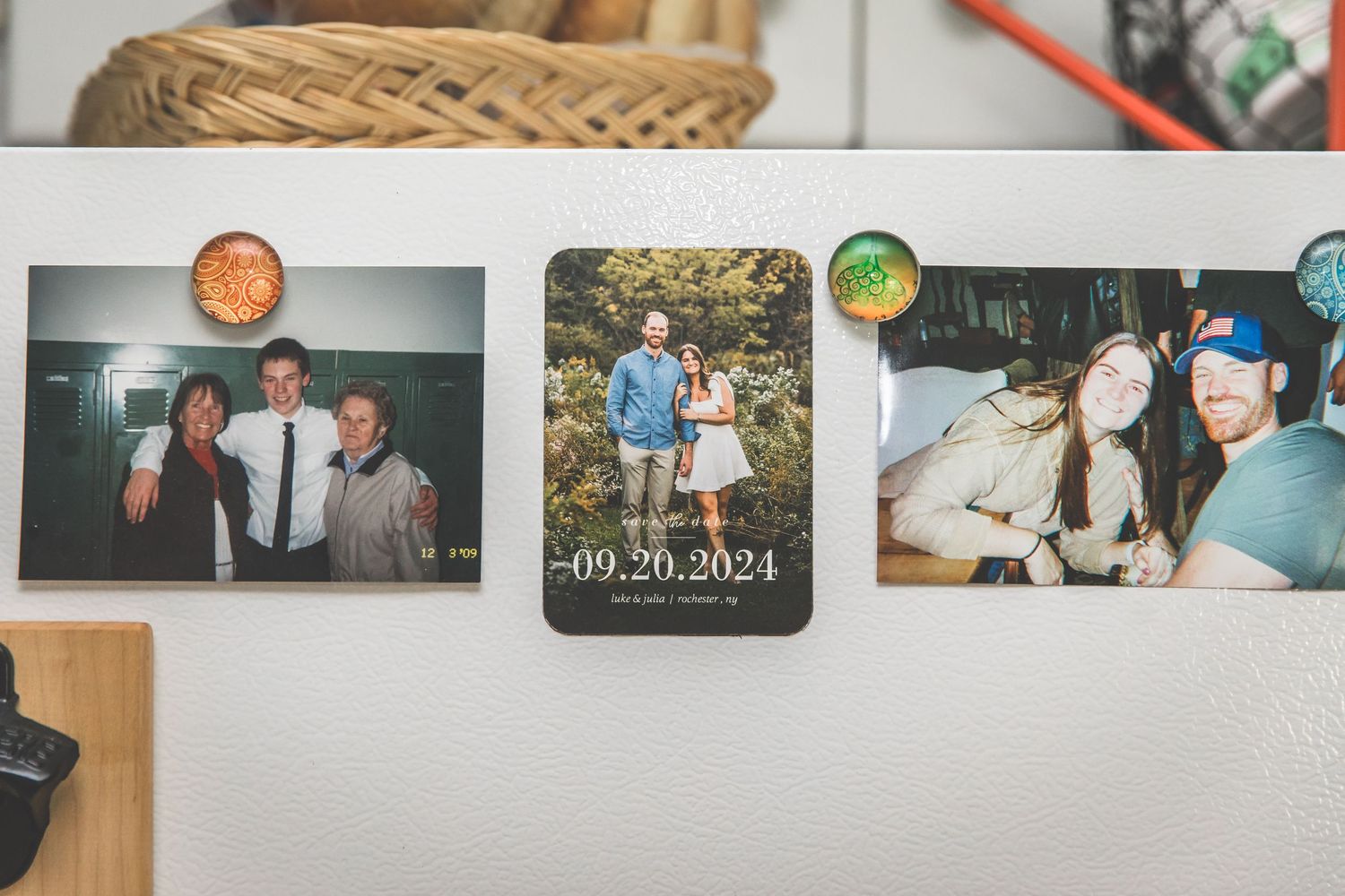 Collection of candid wedding photo prints displayed in a casual layout.
