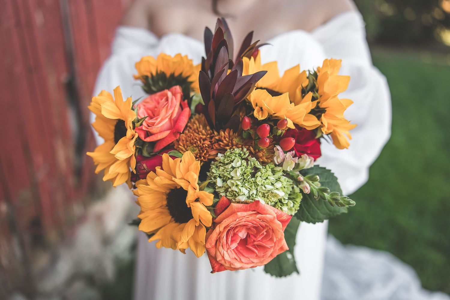 Fall wedding bouquet with sunflowers and coral roses against white dress.