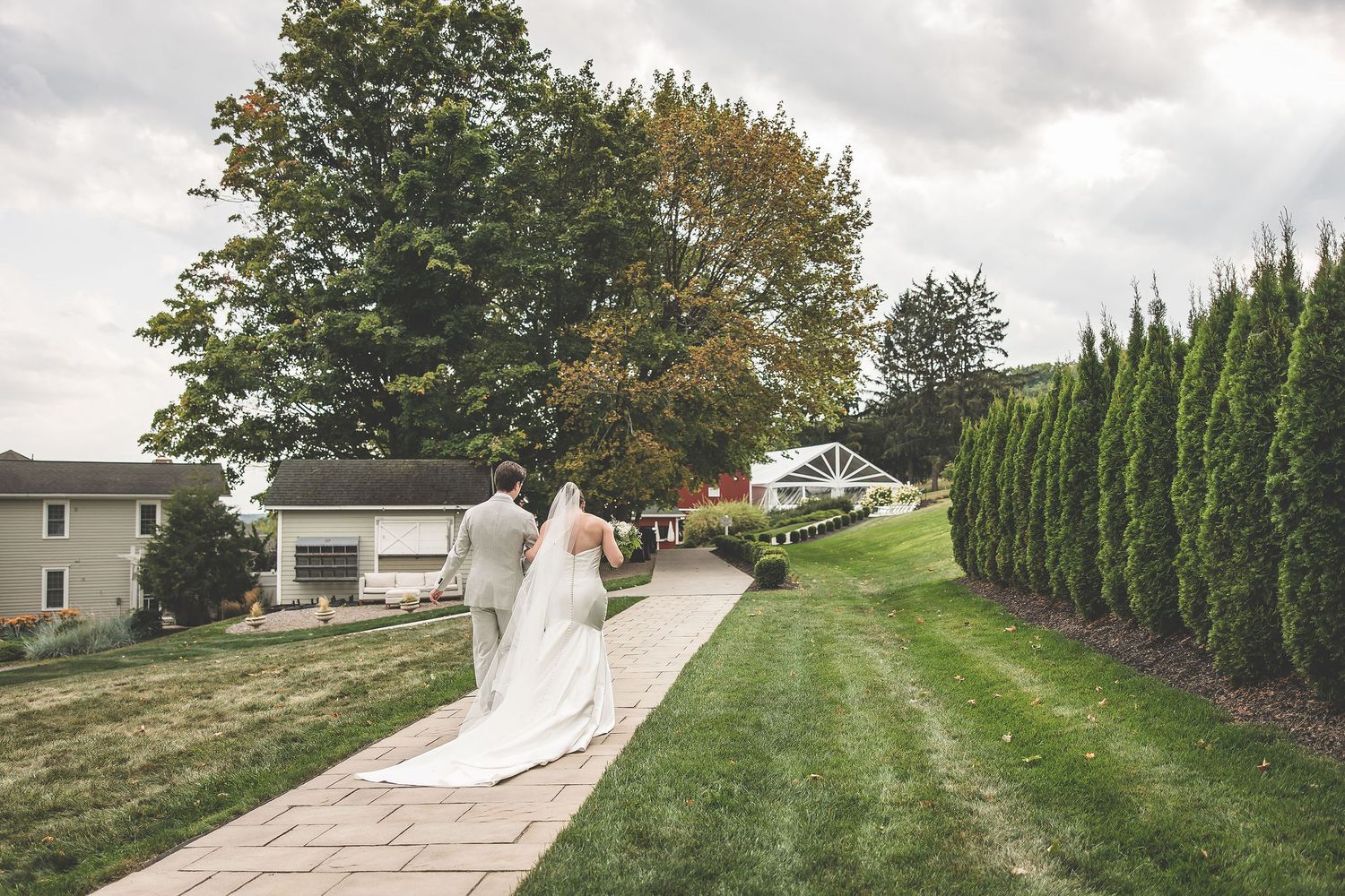 Outdoor wedding venue with white chairs set up on rolling green hills surrounded by tall evergreen trees.