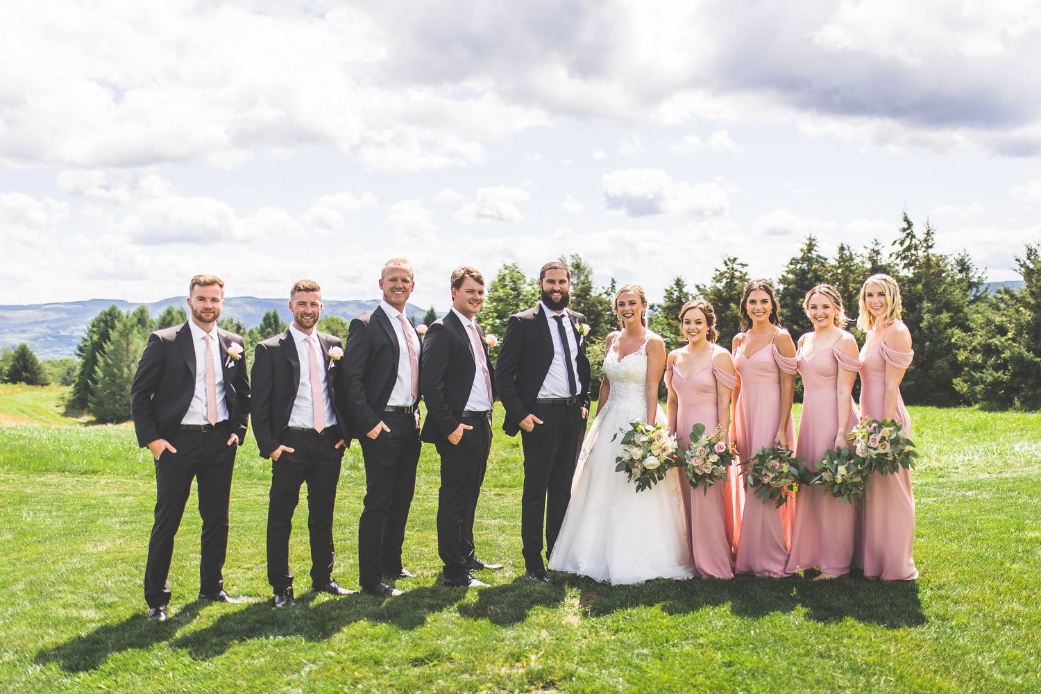 Bridal party arranged in casual poses on green hillside during outdoor summer wedding.