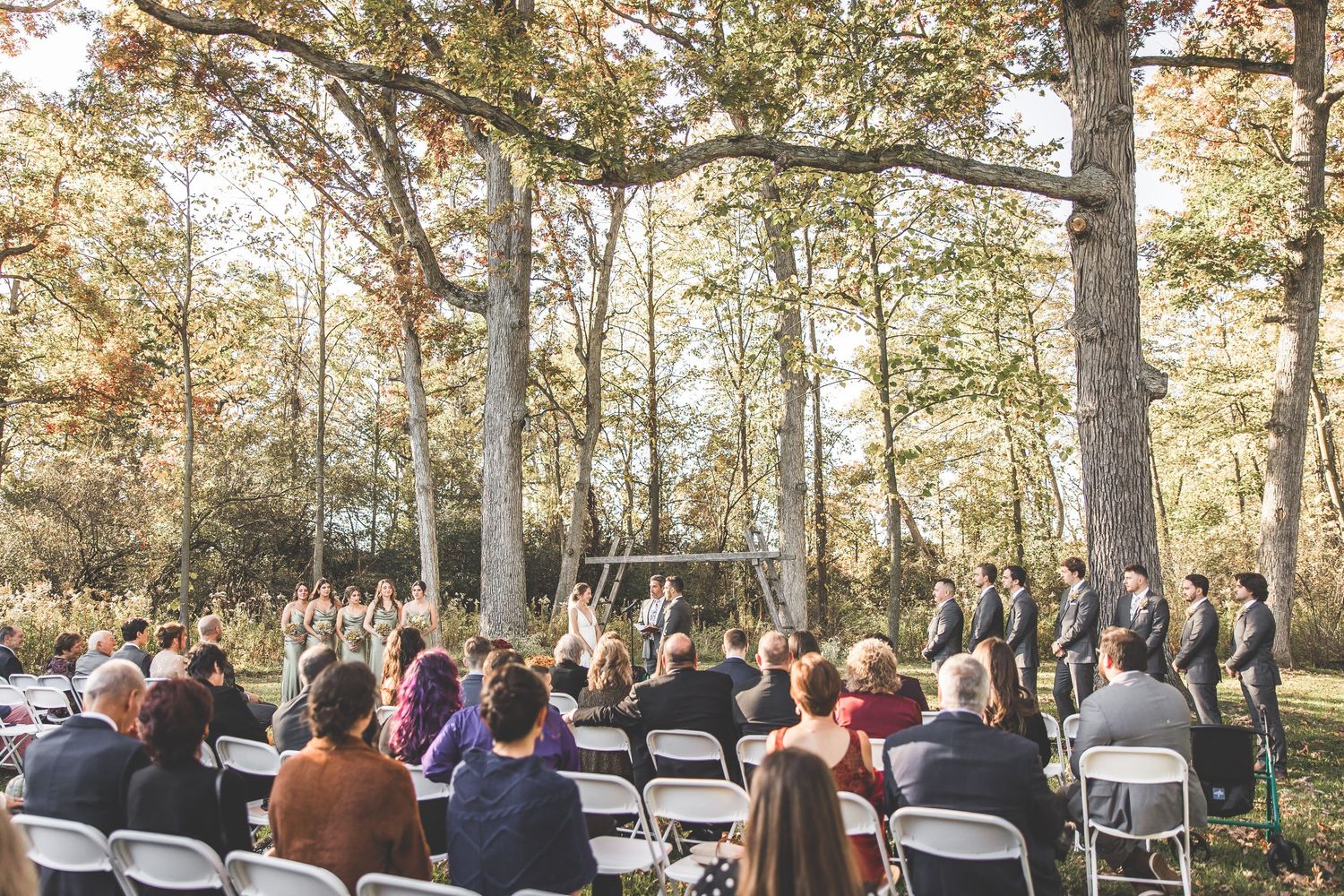 Wide view of outdoor wedding ceremony with guests seated in white chairs among tall trees.