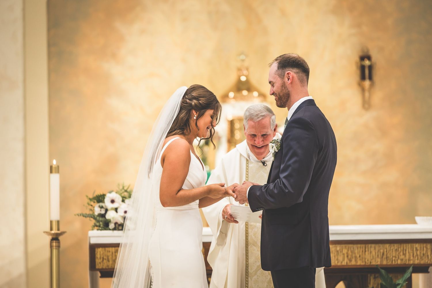 A series of candid wedding ceremony moments showing a couple exchanging vows at the altar.