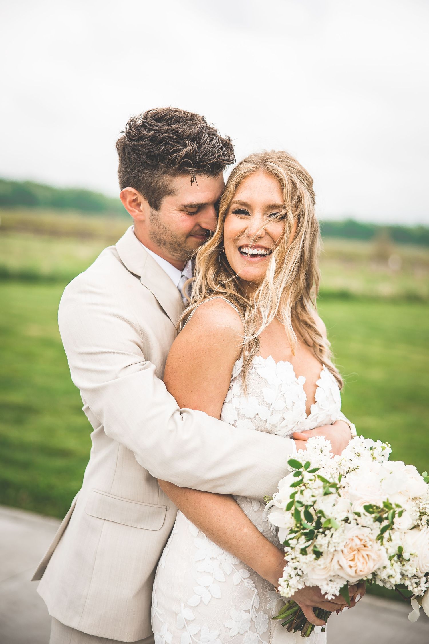 Joyful wedding moment captured in a series of candid shots outdoors.