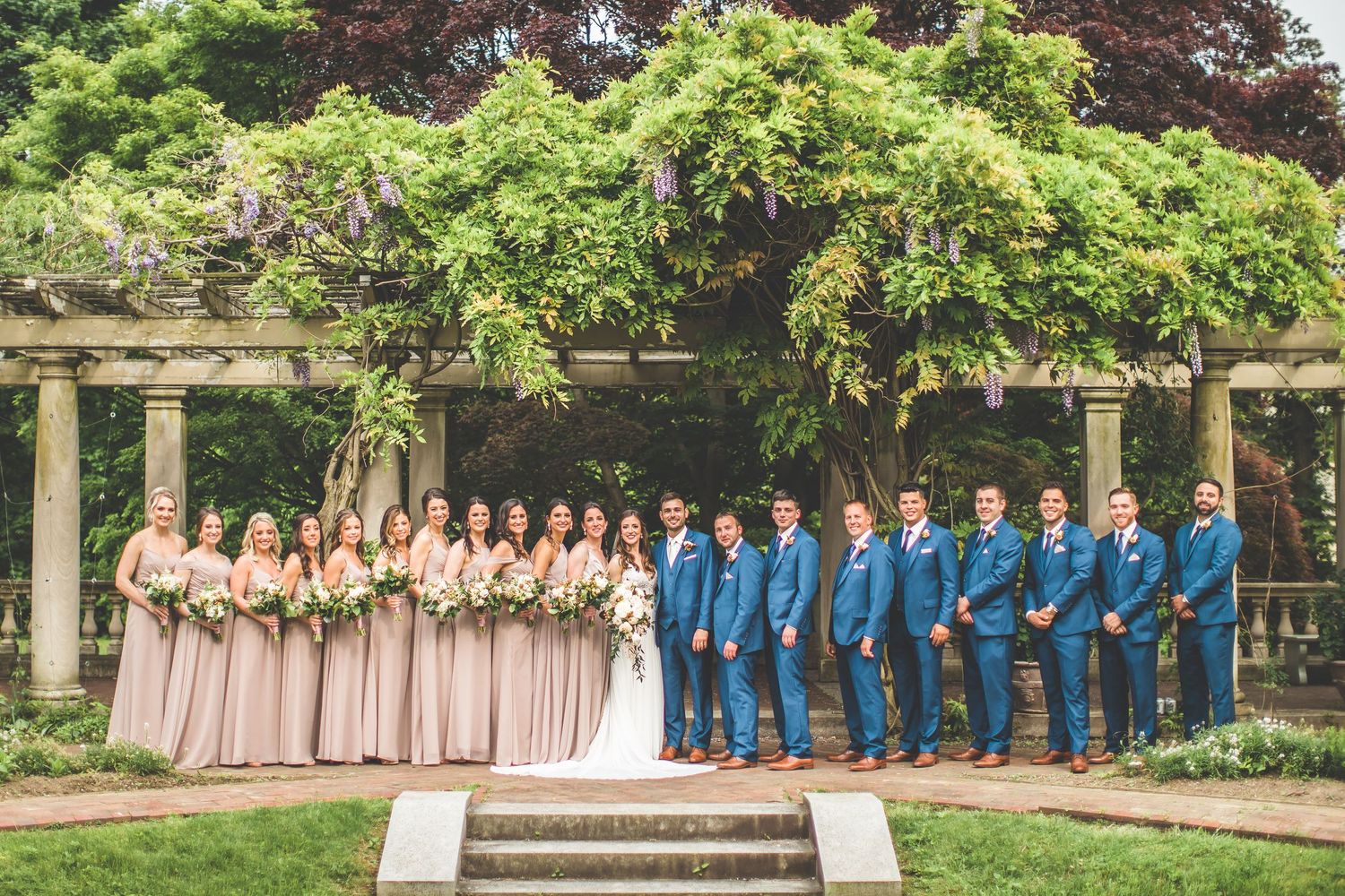 Wedding party in blue suits and pink dresses posed under a garden pergola covered in greenery.