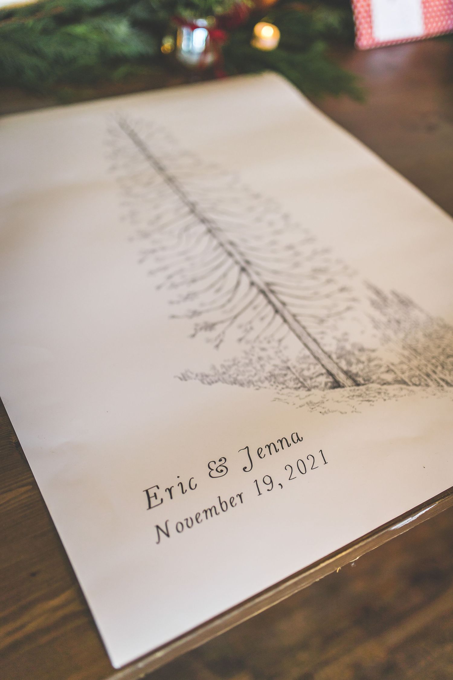 Wedding invitation with Eric and Jenna's names and November 19, 2021 date displayed on elegant paper.