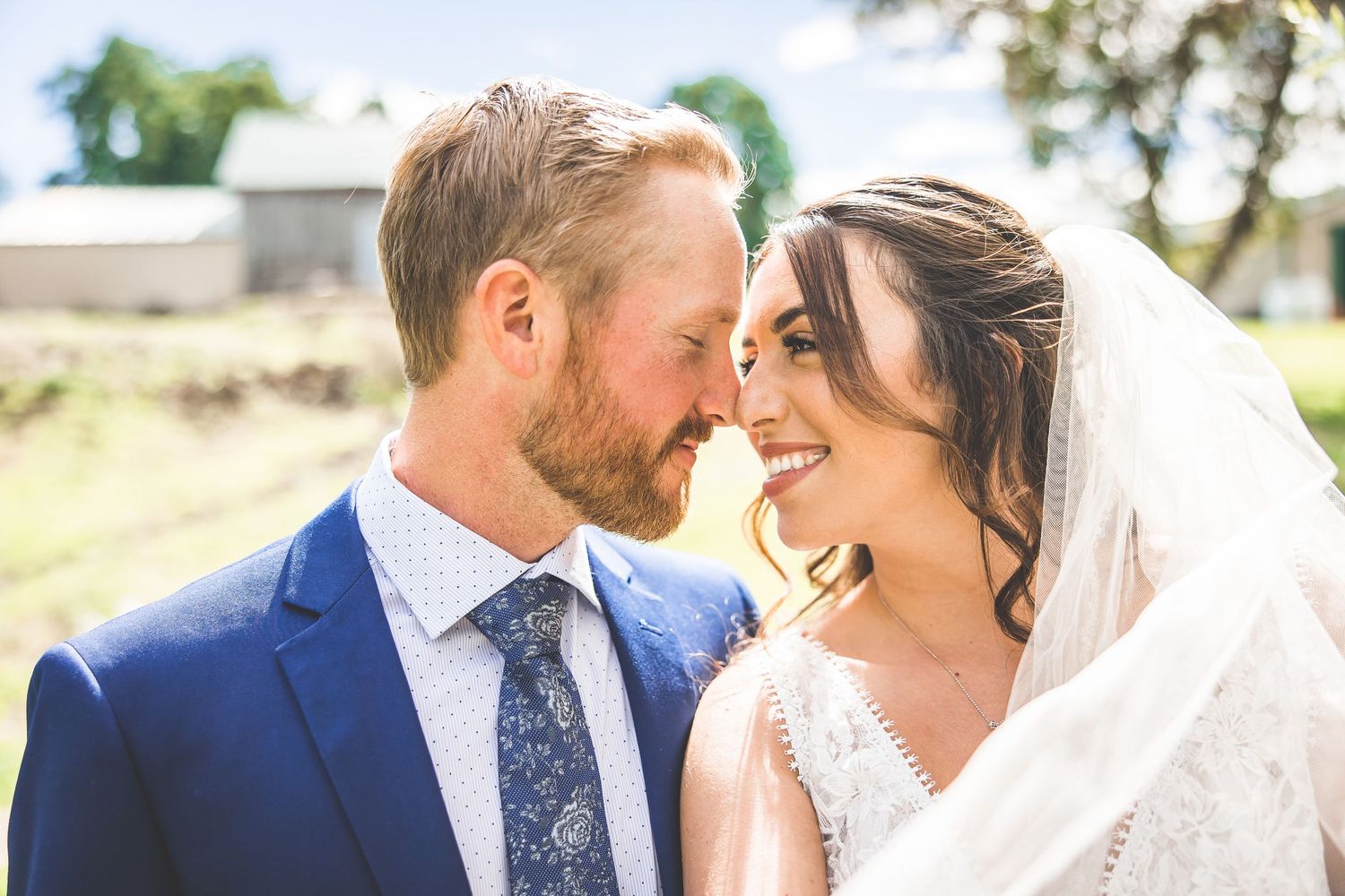 Close-up shots of a romantic wedding moment against a sunlit natural backdrop.