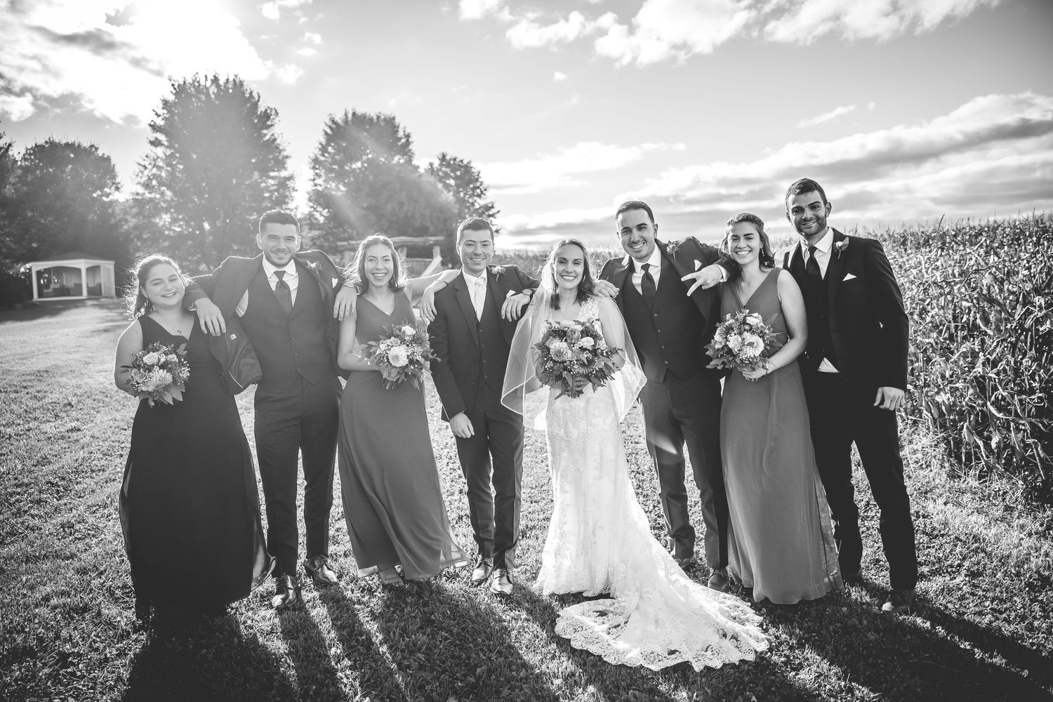 Wedding party poses together in black and white photo against scenic outdoor backdrop with dramatic sky.