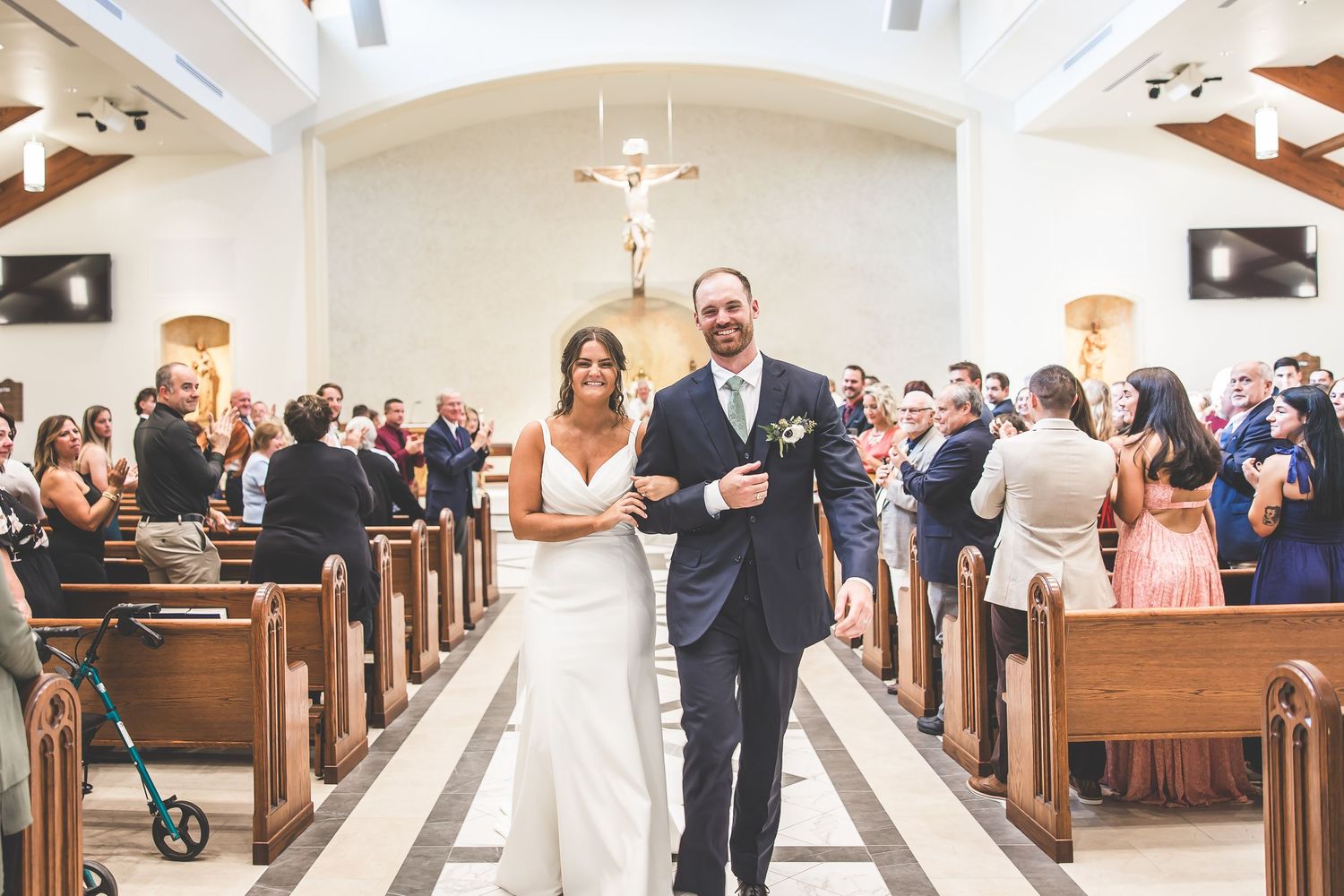 A collection of joyful wedding ceremony moments in a bright church with wooden beams.