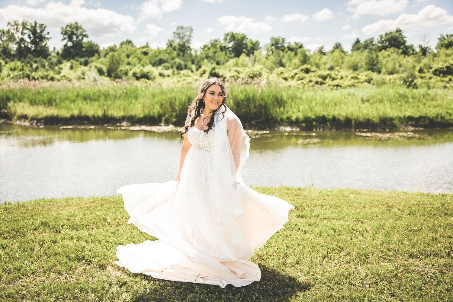 Wedding photography sequence showing couple in scenic outdoor location with water views.