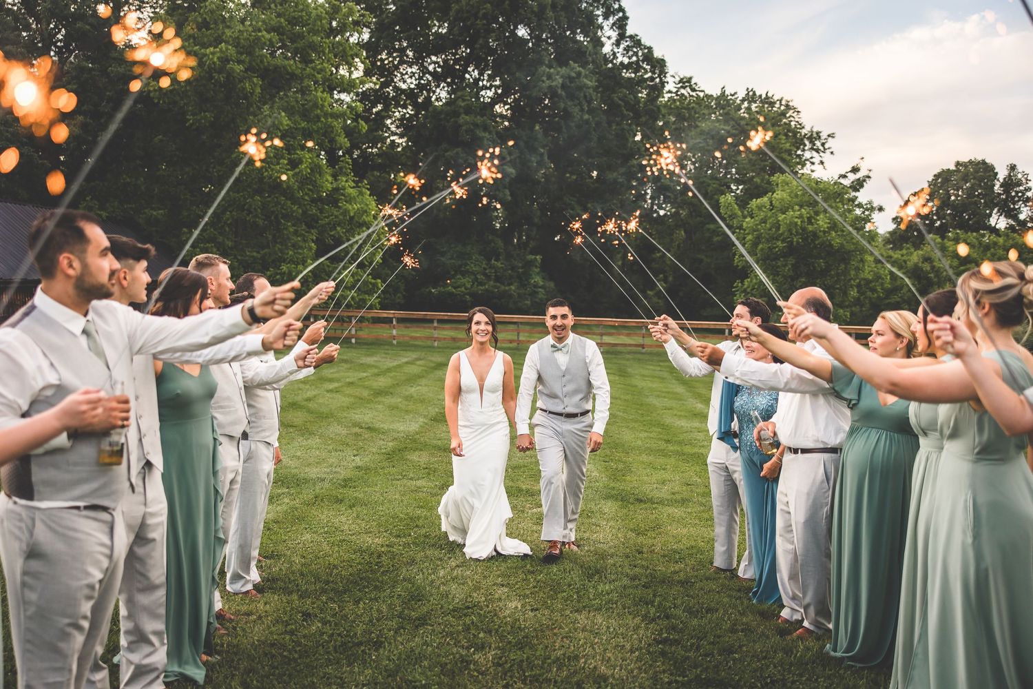 Wedding party in sage green dresses and gray suits celebrating outdoors at sunset.