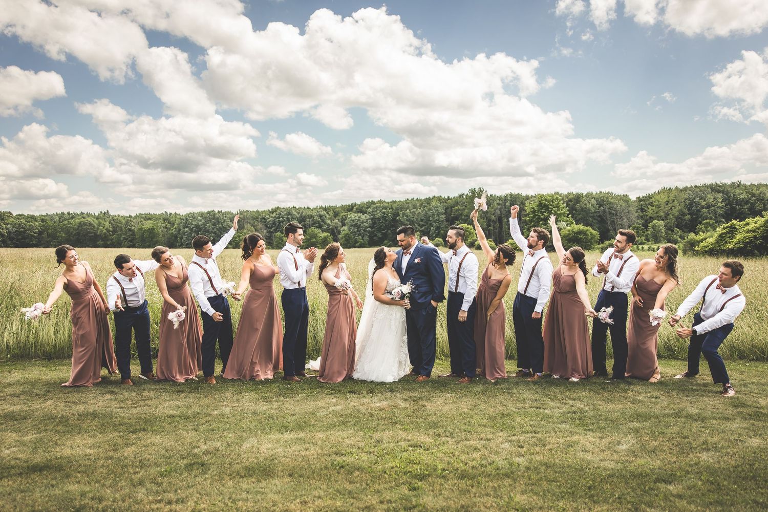 Wedding party arranged in a line against scenic rural landscape with cloudy sky.