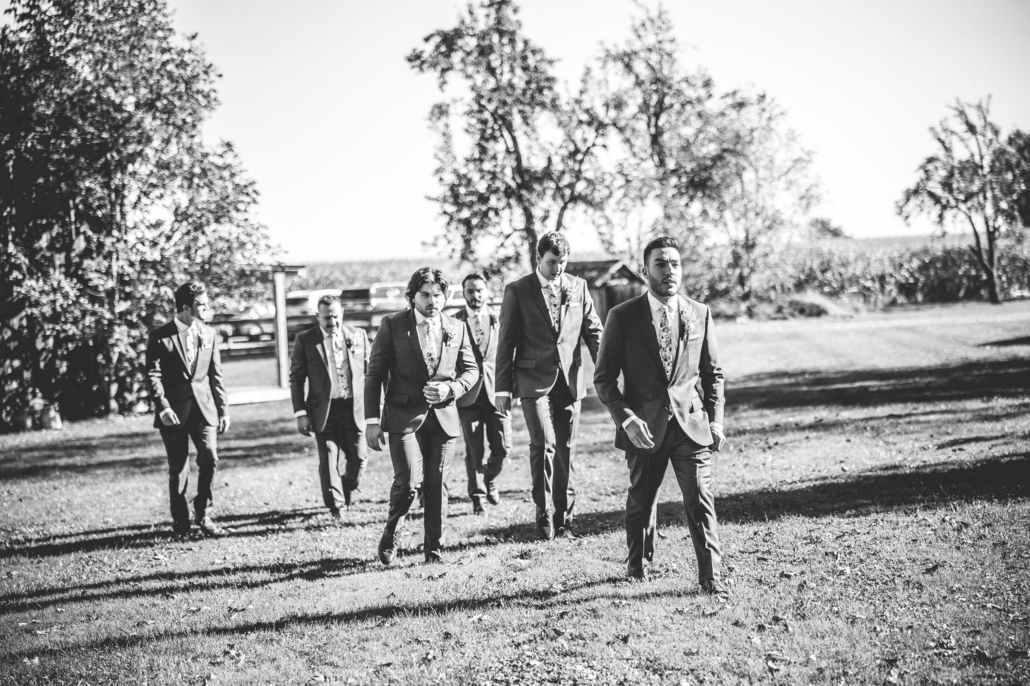 Black and white photo of wedding party walking through field in formal attire.