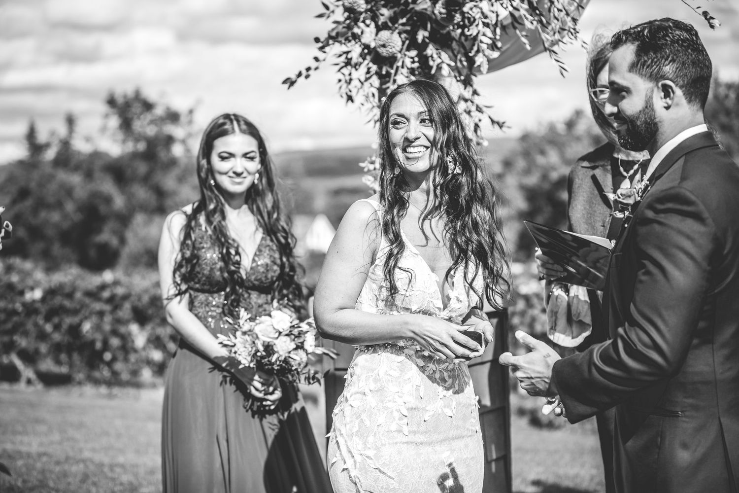 Black and white series of intimate wedding ceremony moments.