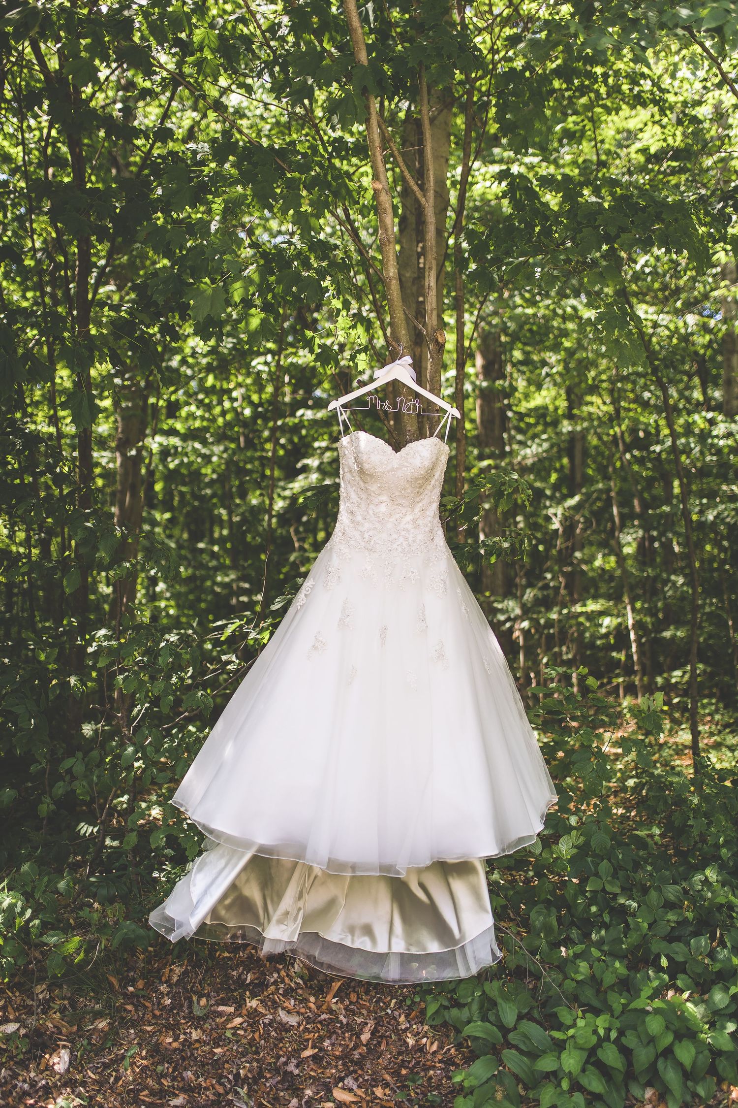 White wedding dress hanging on hanger against lush green forest backdrop.