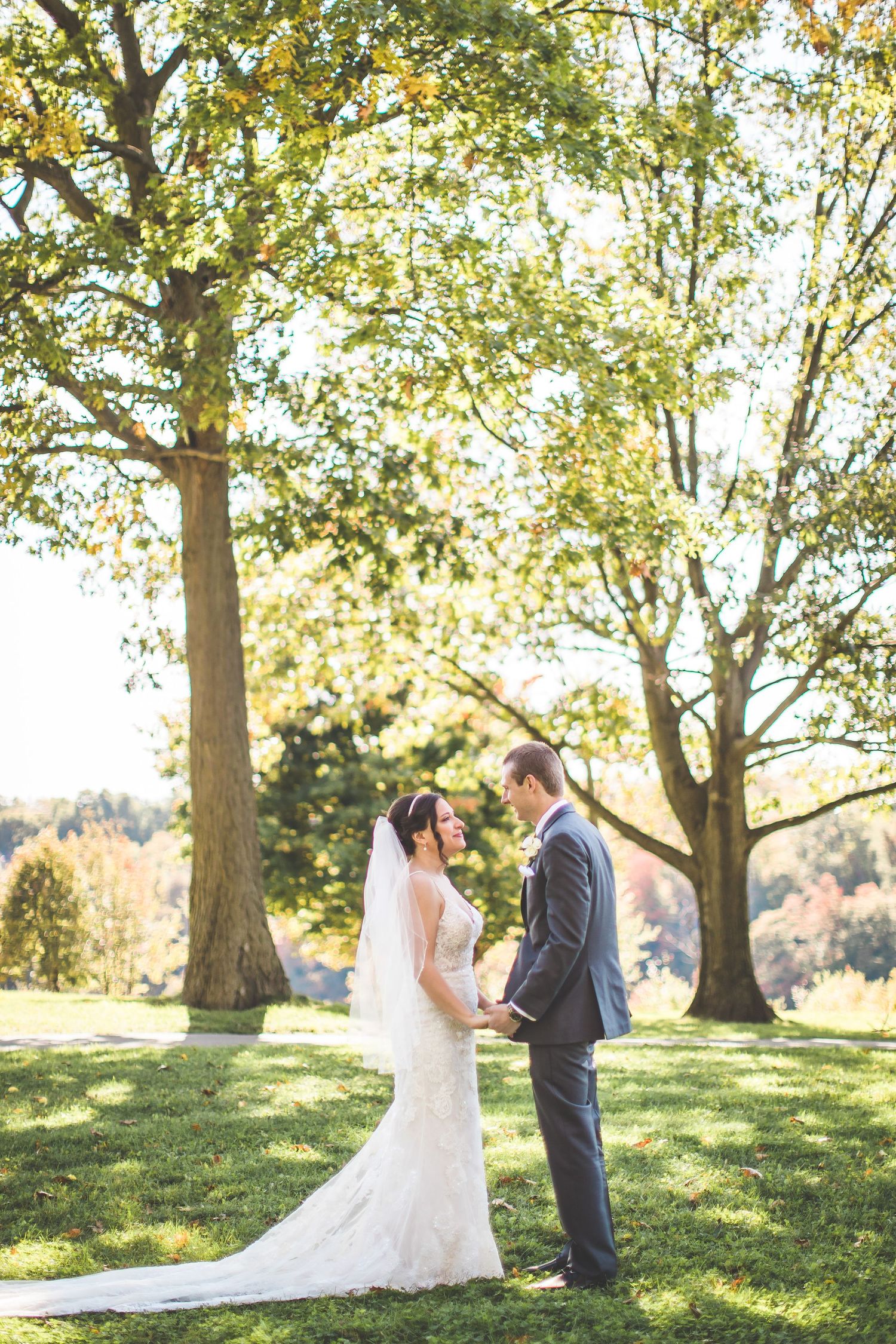 Sunlit outdoor first look wedding photos captured under mature trees on a grassy hill.