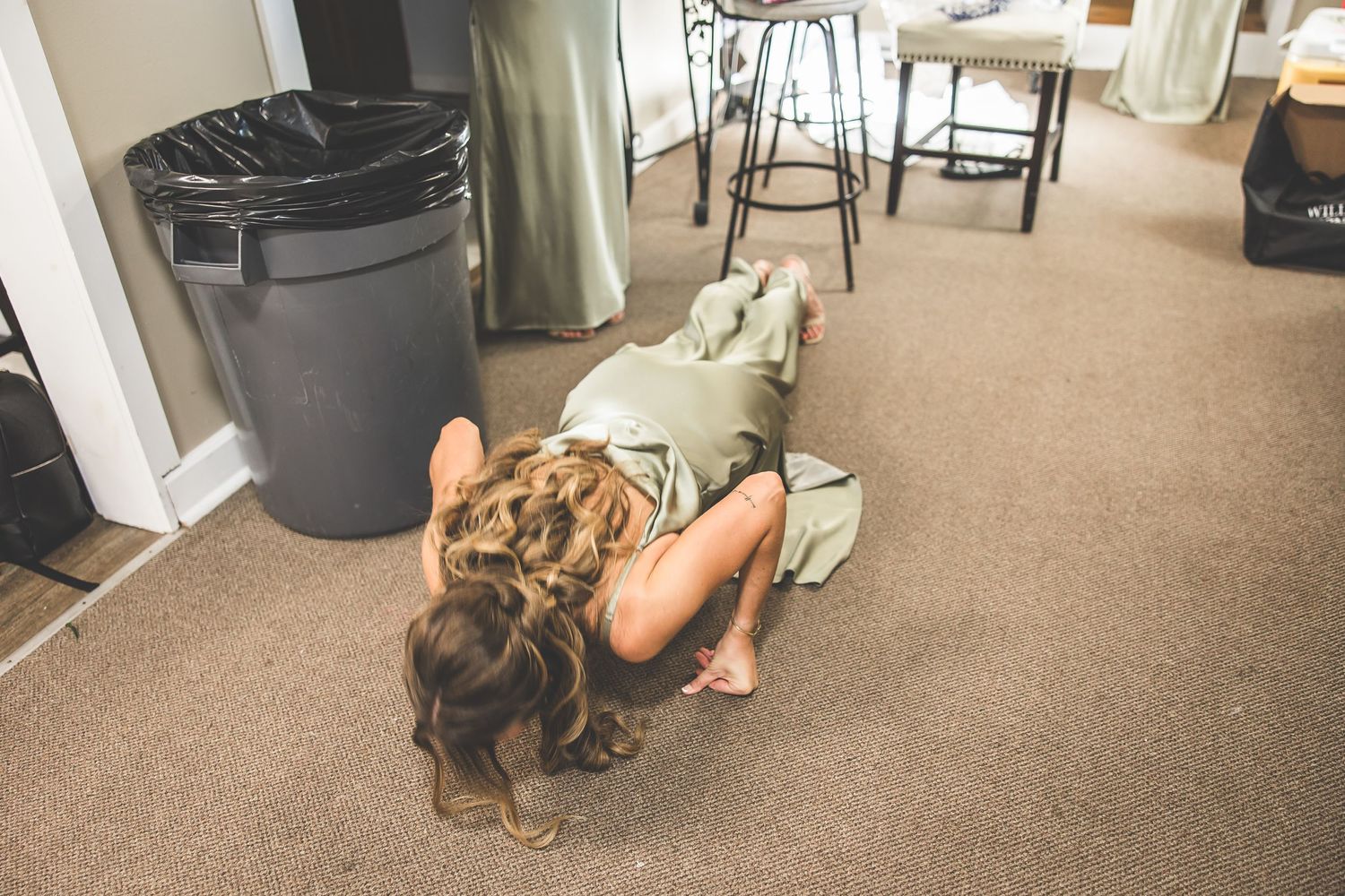 Series of candid moments captured on a carpeted floor during preparations.