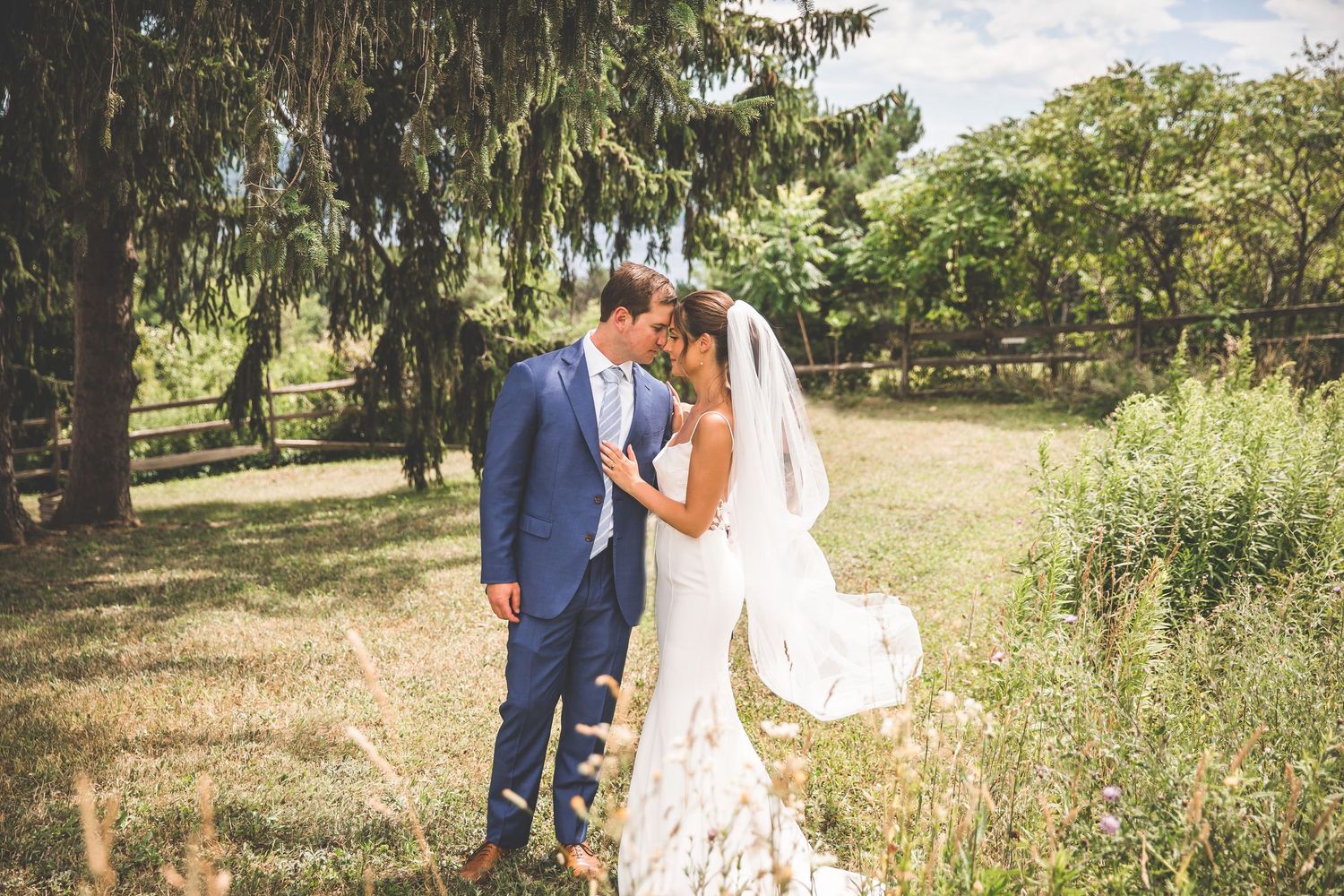 Romantic wedding portraits taken in a natural outdoor setting with golden light.