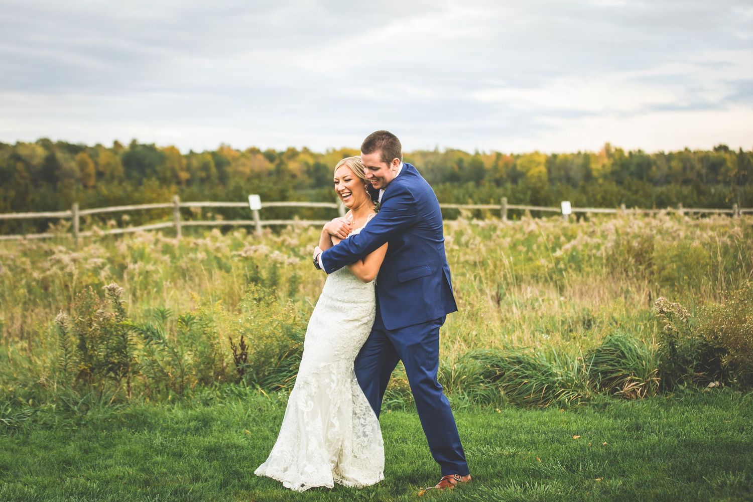 Elegant wedding photography sequence captured in a rustic outdoor setting.