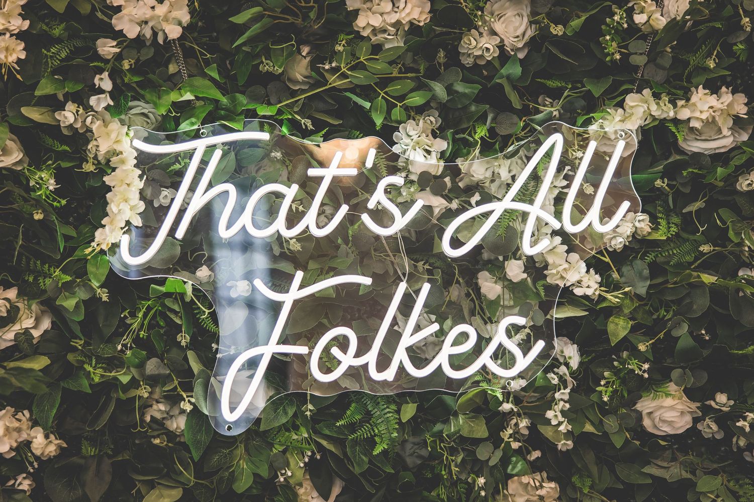 Decorative neon signs against a green foliage wall backdrop.