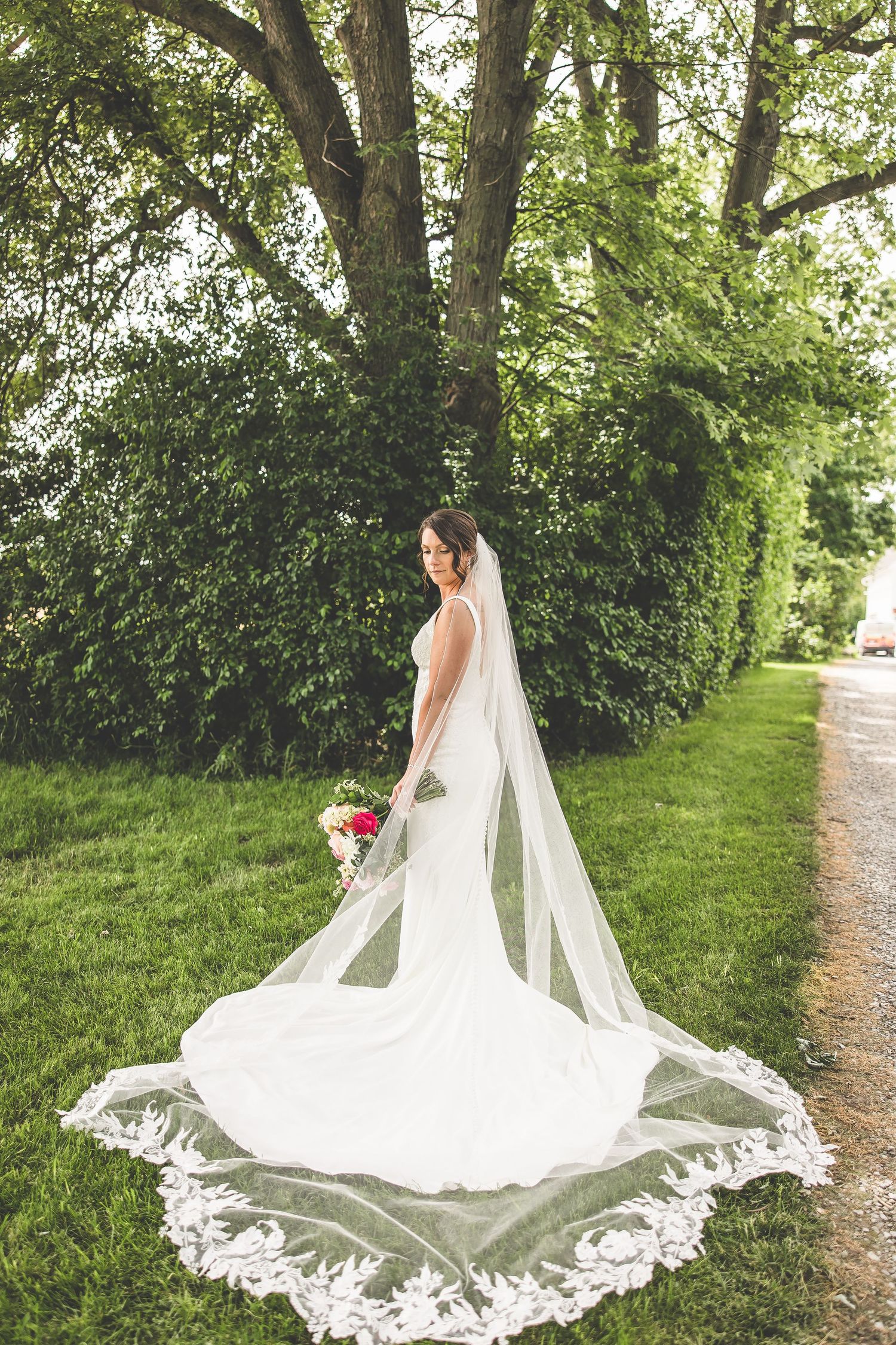 A flowing white wedding dress and veil spread beautifully across a garden path surrounded by greenery.