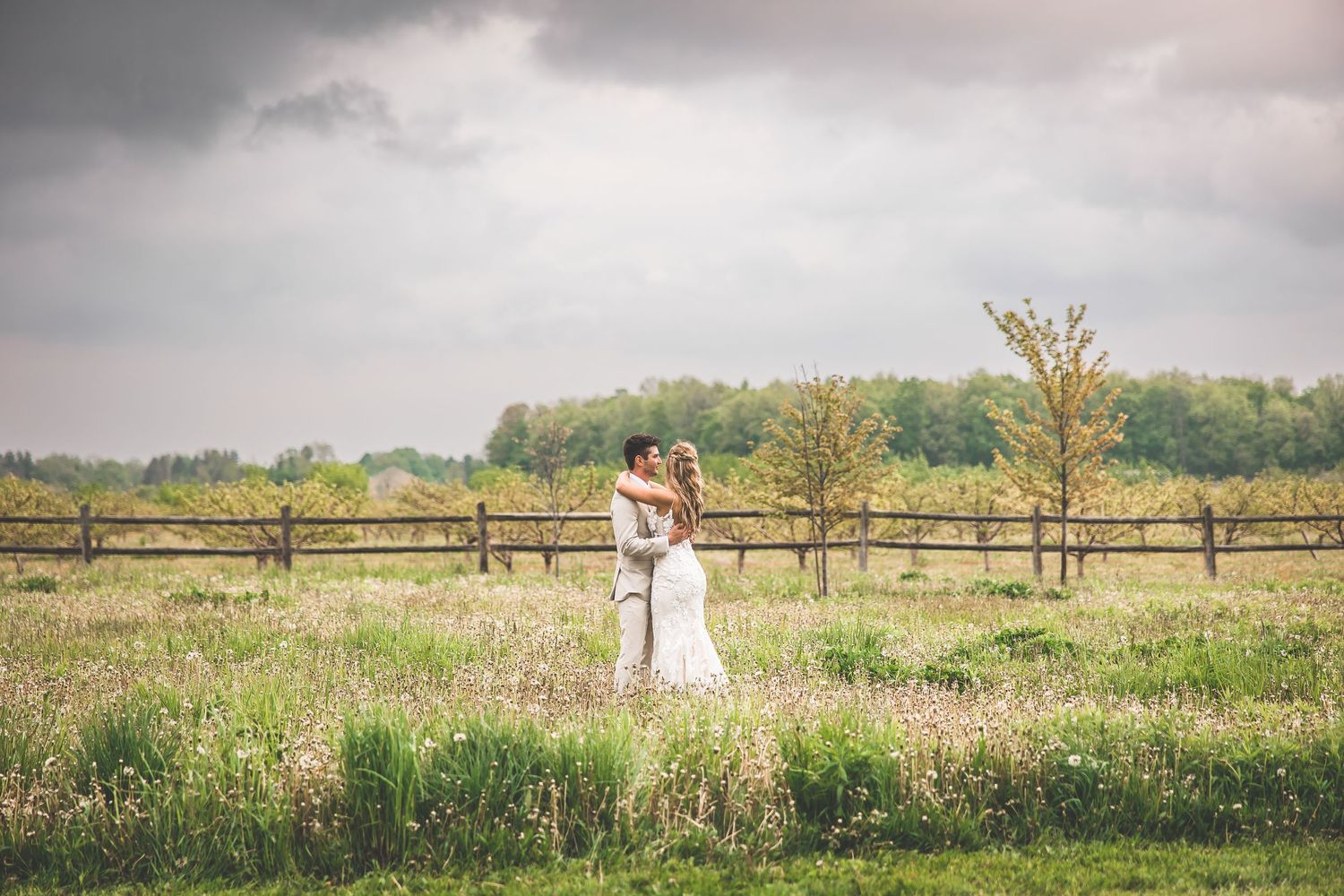 Panoramic view of a wedding couple in a vast meadow with wooden fencing and trees.