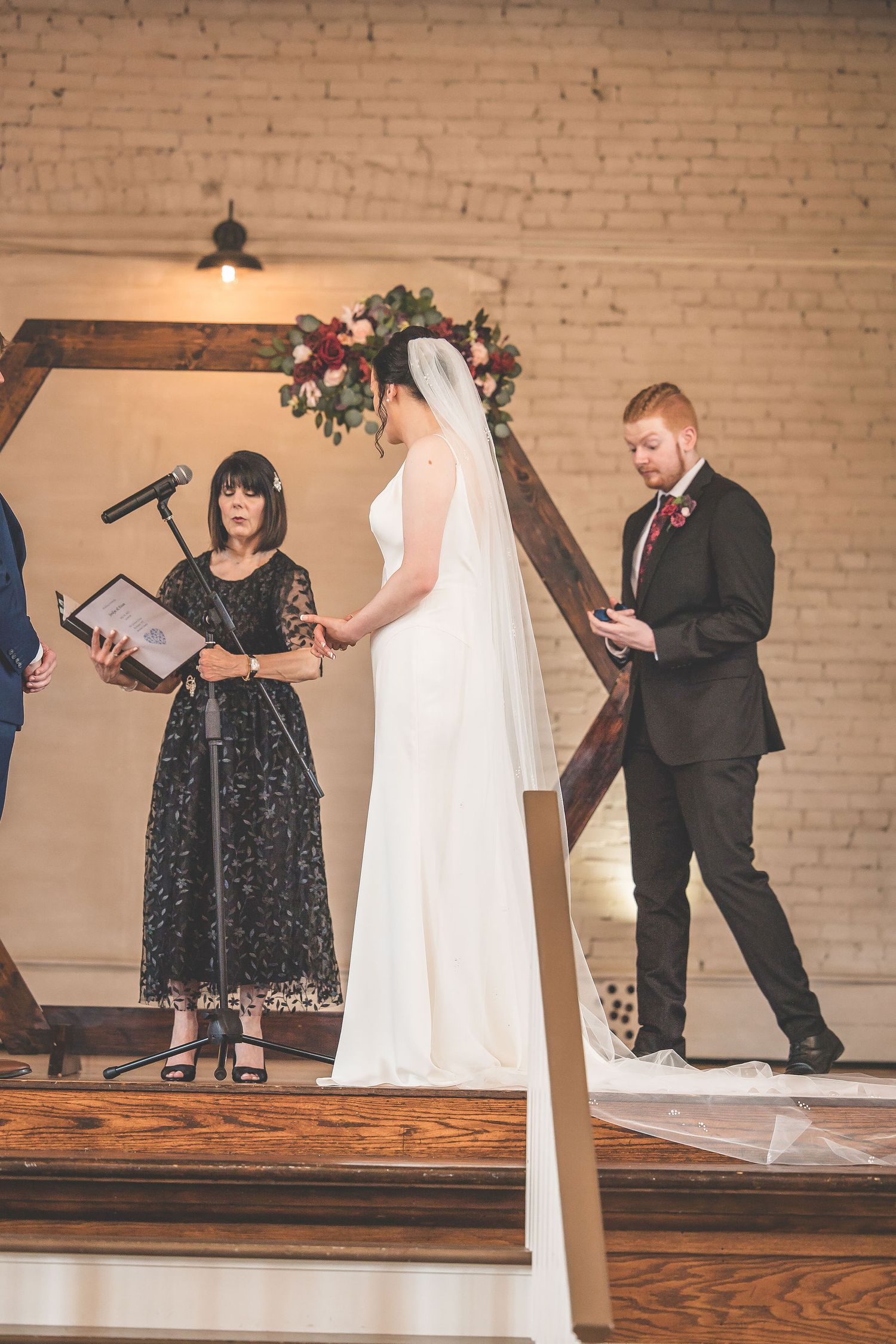 Wedding ceremony progression captured in multiple frames showing officiant and couple on wooden platform.