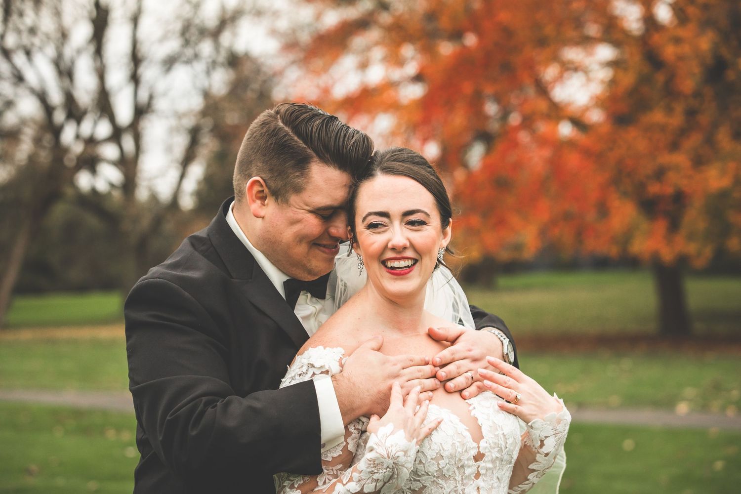 Candid wedding photography sequence showing joyful moments in a fall outdoor setting.