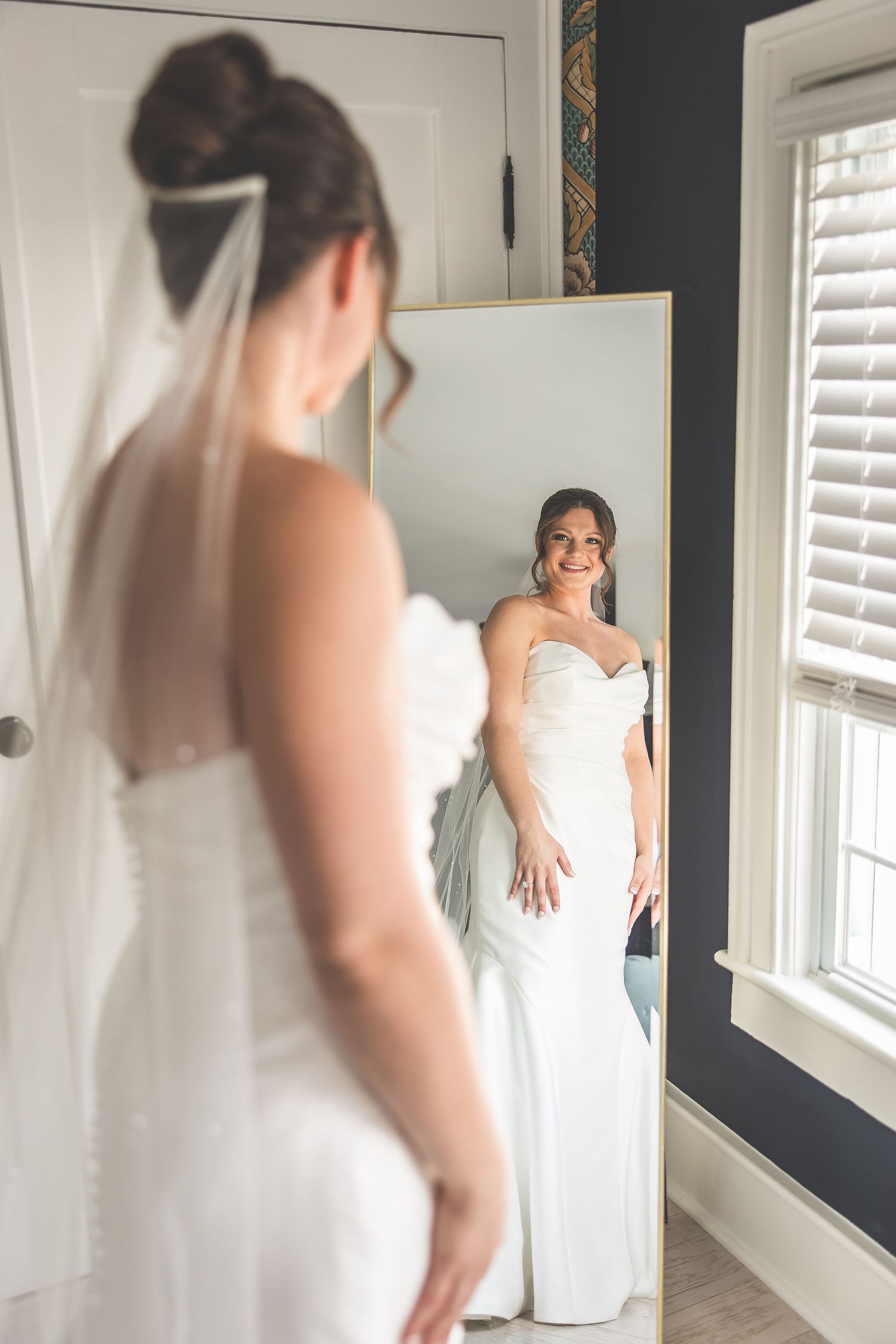 A sequence of elegant bridal portraits showing someone in a flowing white wedding dress against a light interior wall.