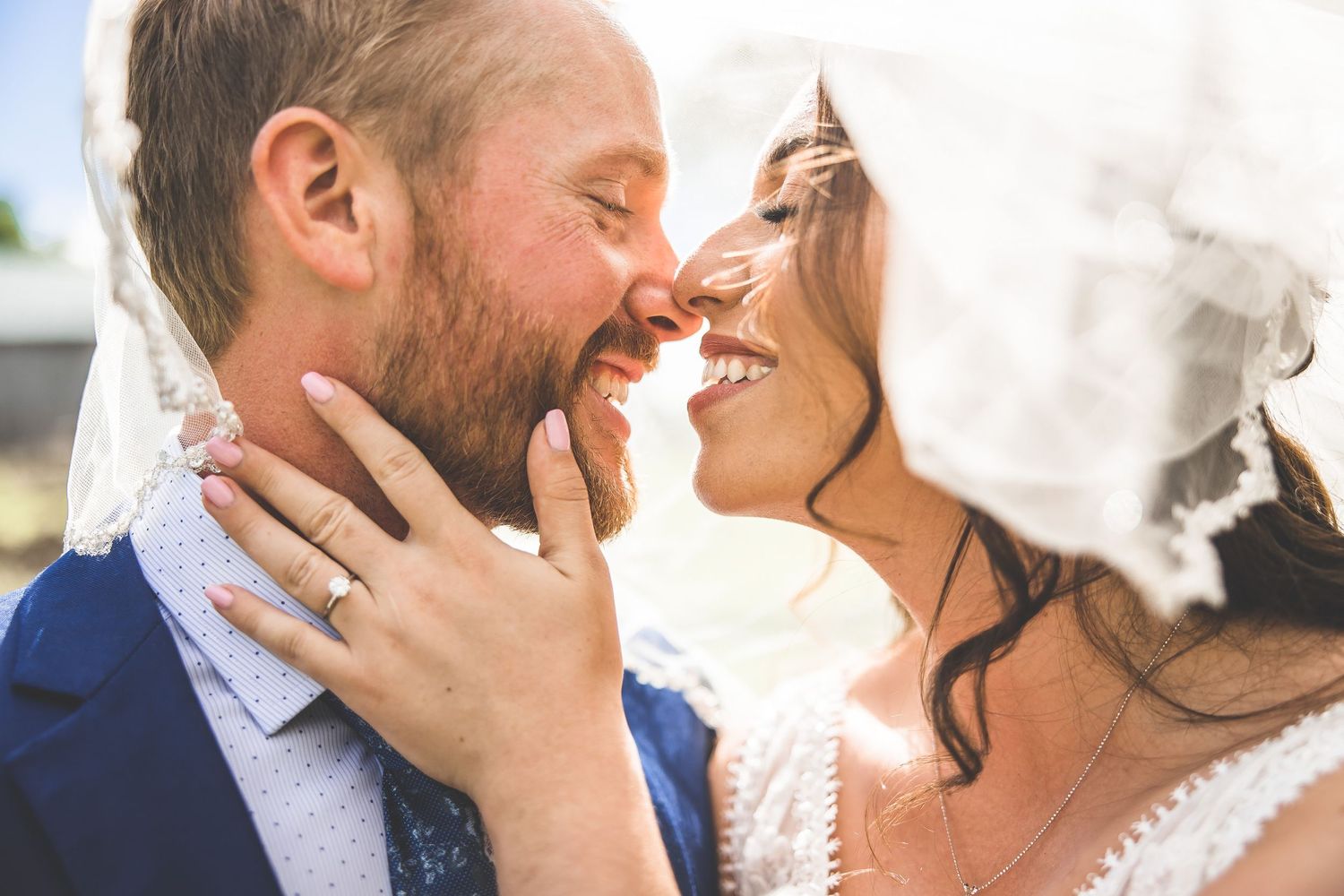 Series of tender close-up wedding photos showing joyful expressions and emotions.