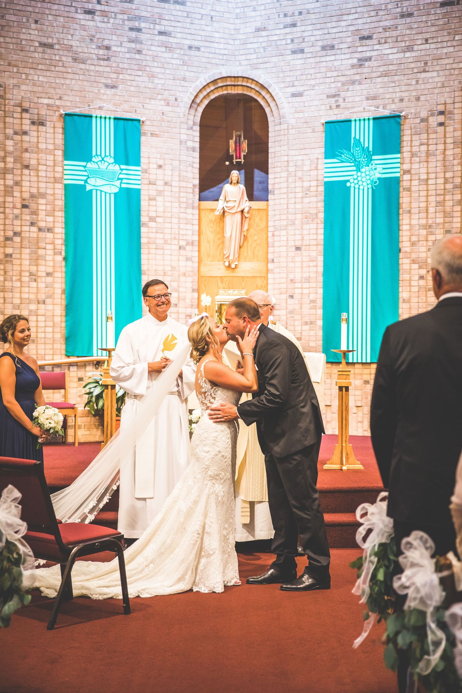 Wedding ceremony sequence showing traditional moments in a church with distinctive turquoise crosses.