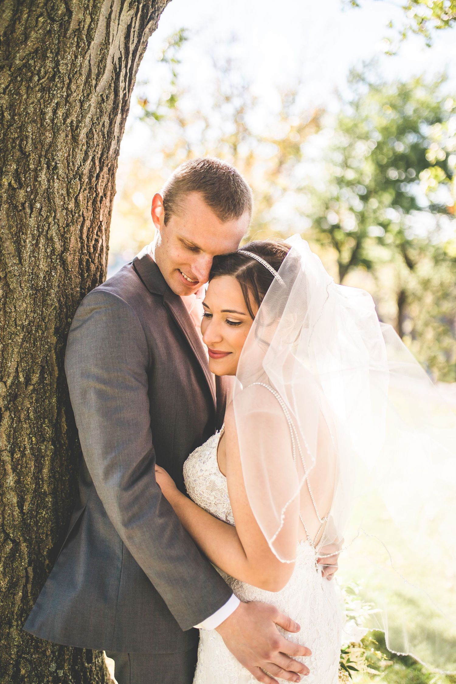 Tender moments between newlyweds photographed in soft sunlight against a tree.