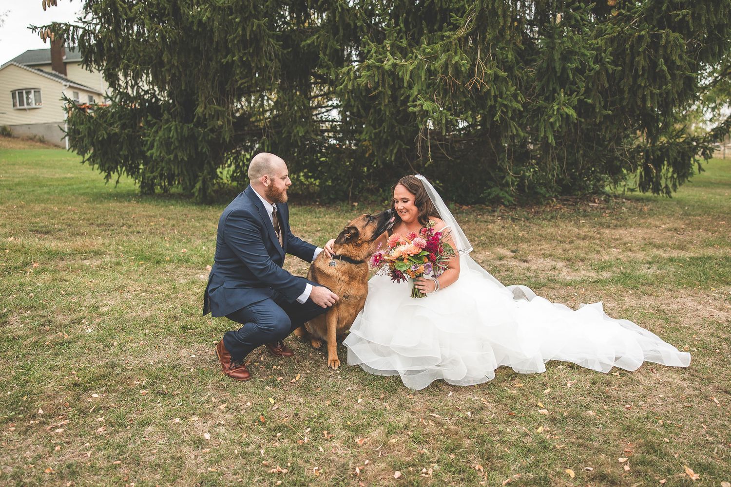 Wedding party enjoying candid moments with a German Shepherd on a grassy hill.