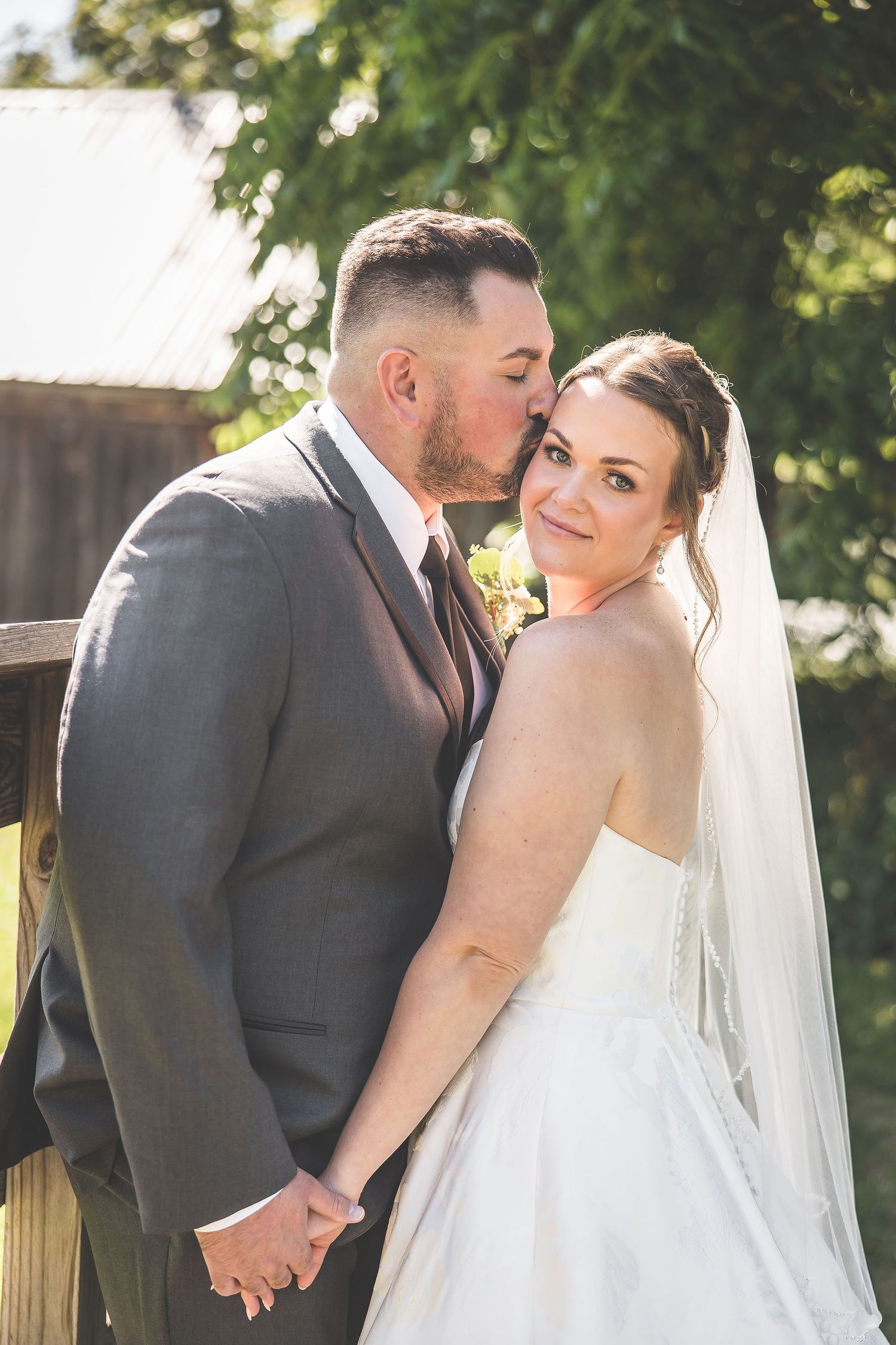 Intimate wedding photo sequence showing tender moments between newlyweds outdoors.