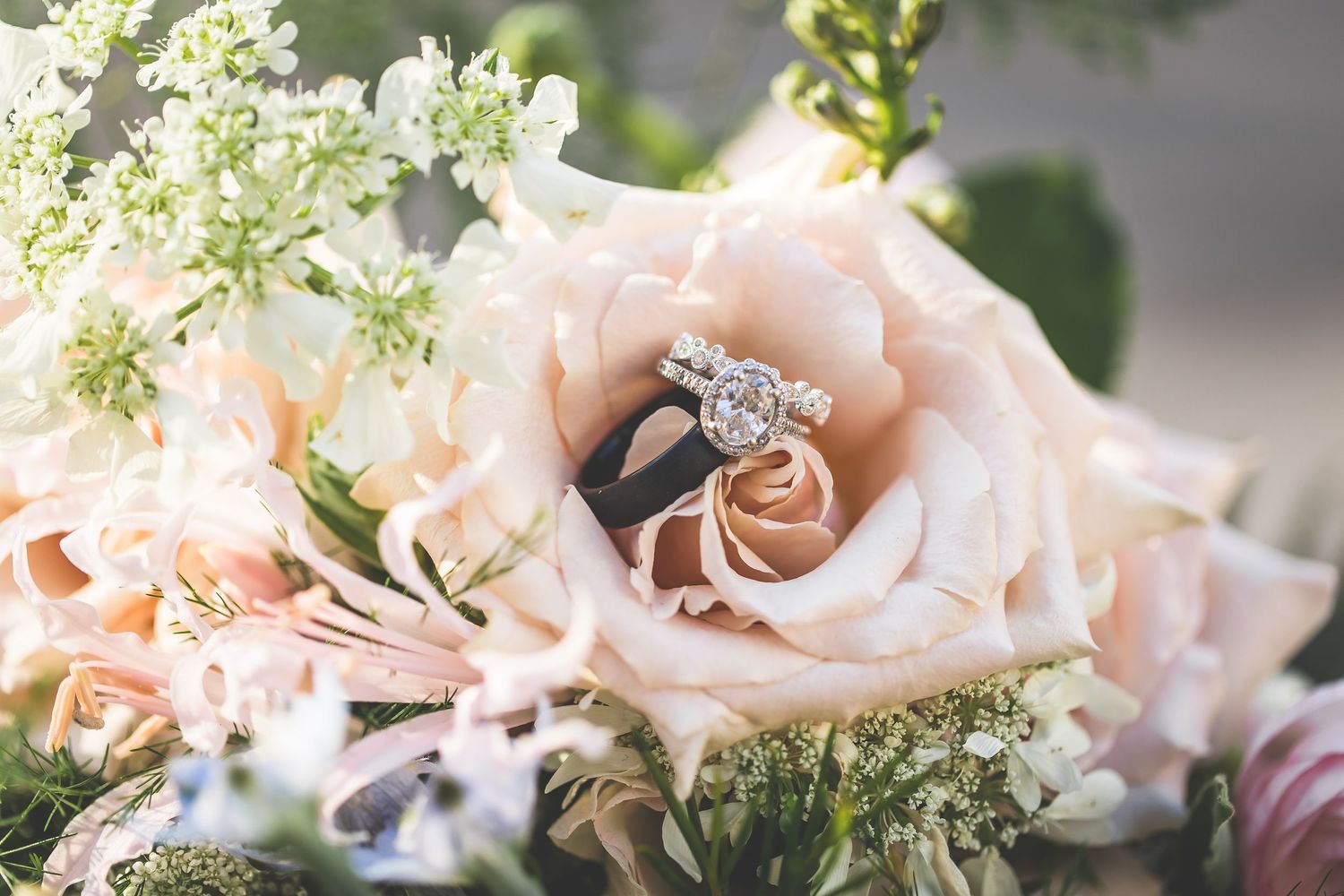 Delicate pink roses and wedding rings arranged in romantic macro photography.