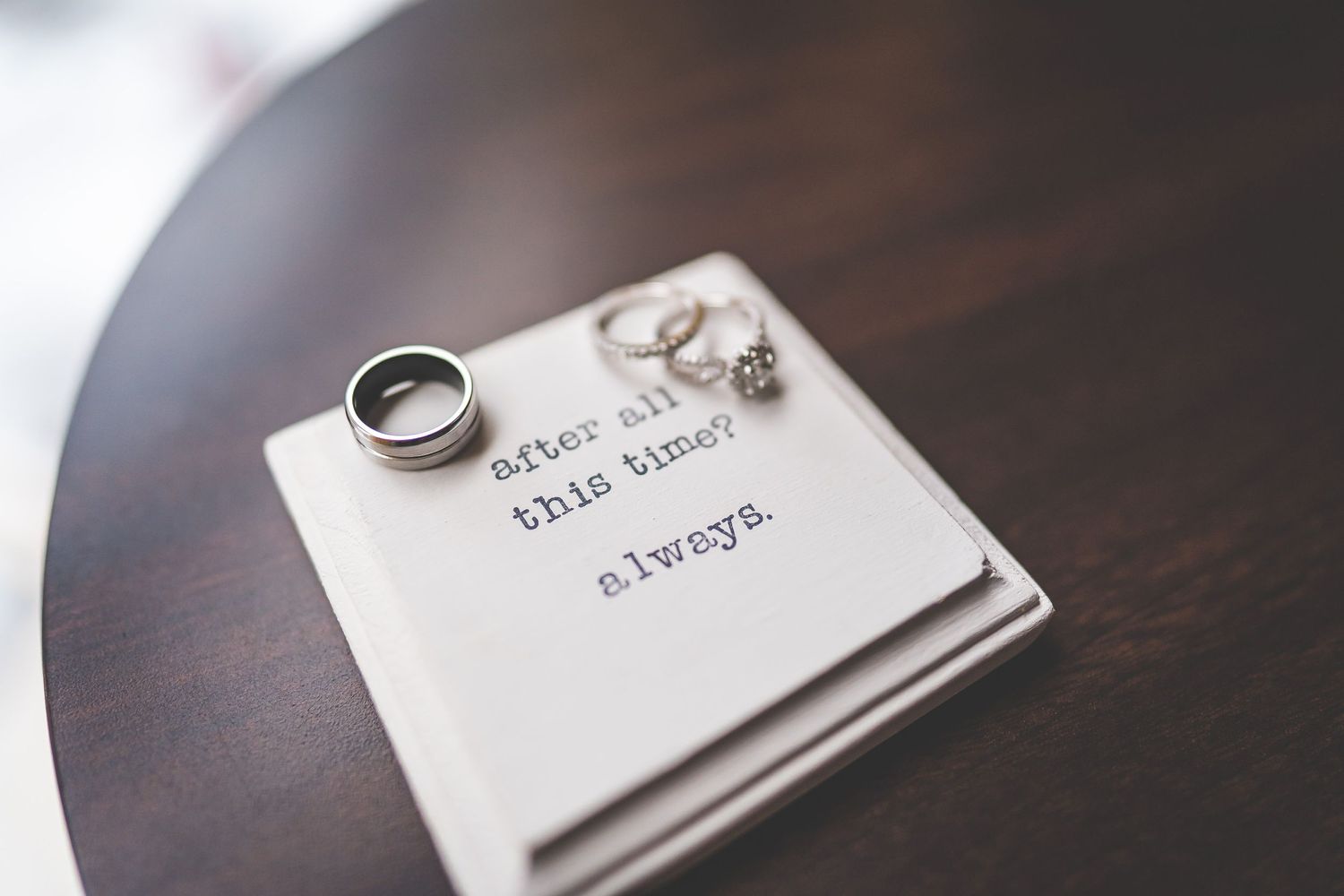 Wedding ring placed on white card with text on dark wooden surface.