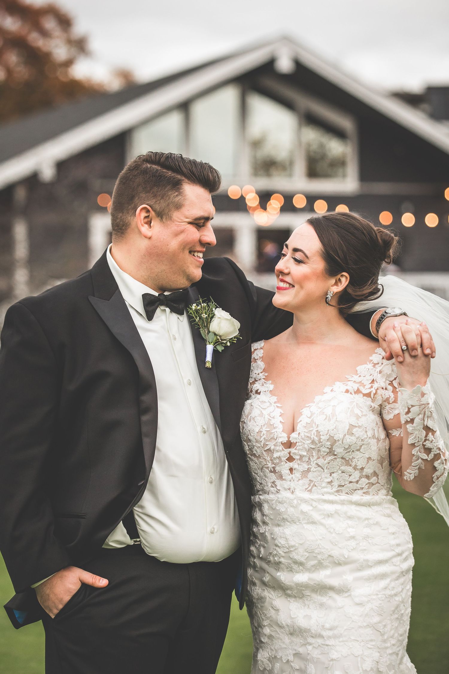 Romantic wedding couple shares intimate moments in a series of outdoor portraits at sunset.