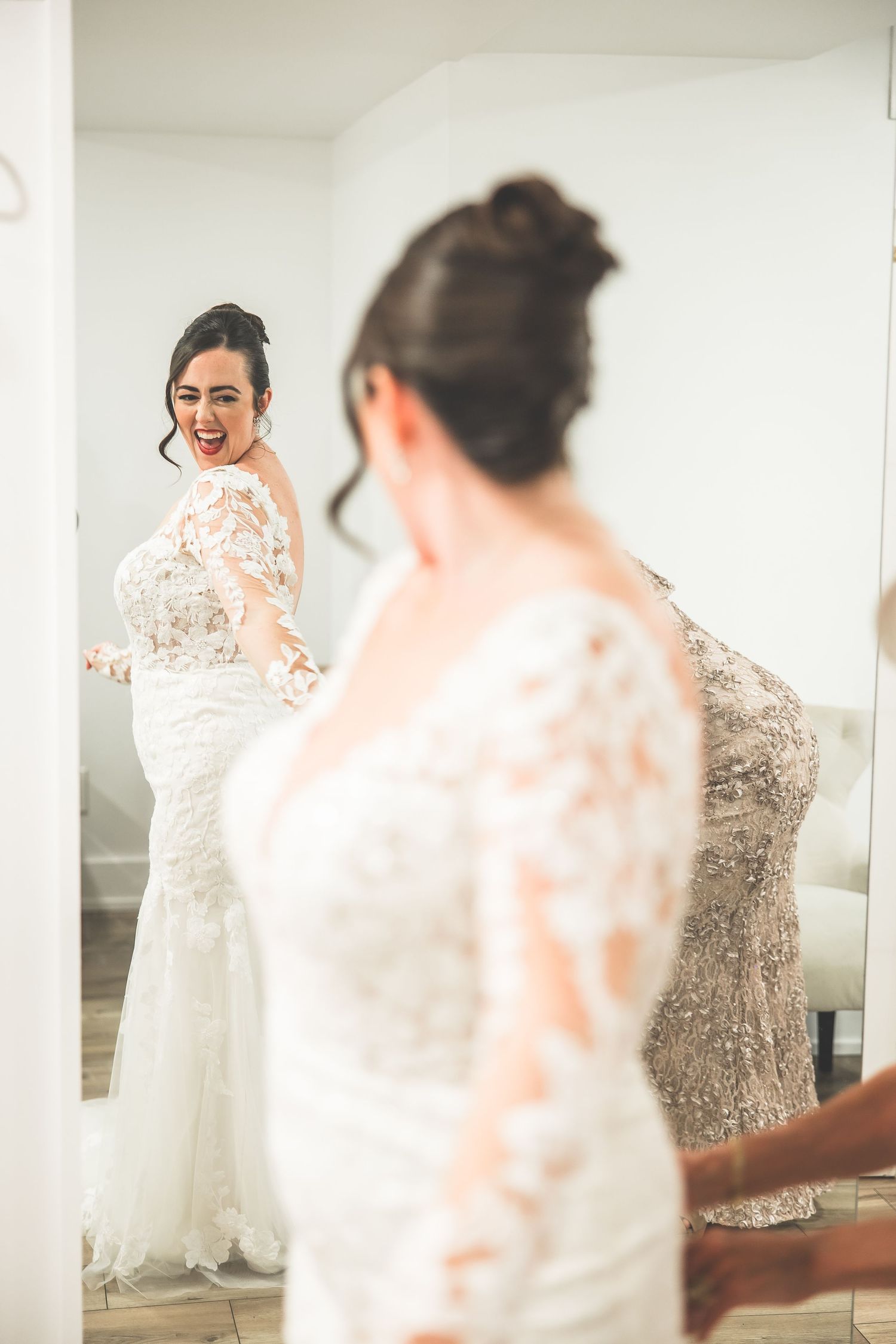 Soft focus images of wedding dress preparations in a bright indoor setting with natural lighting.