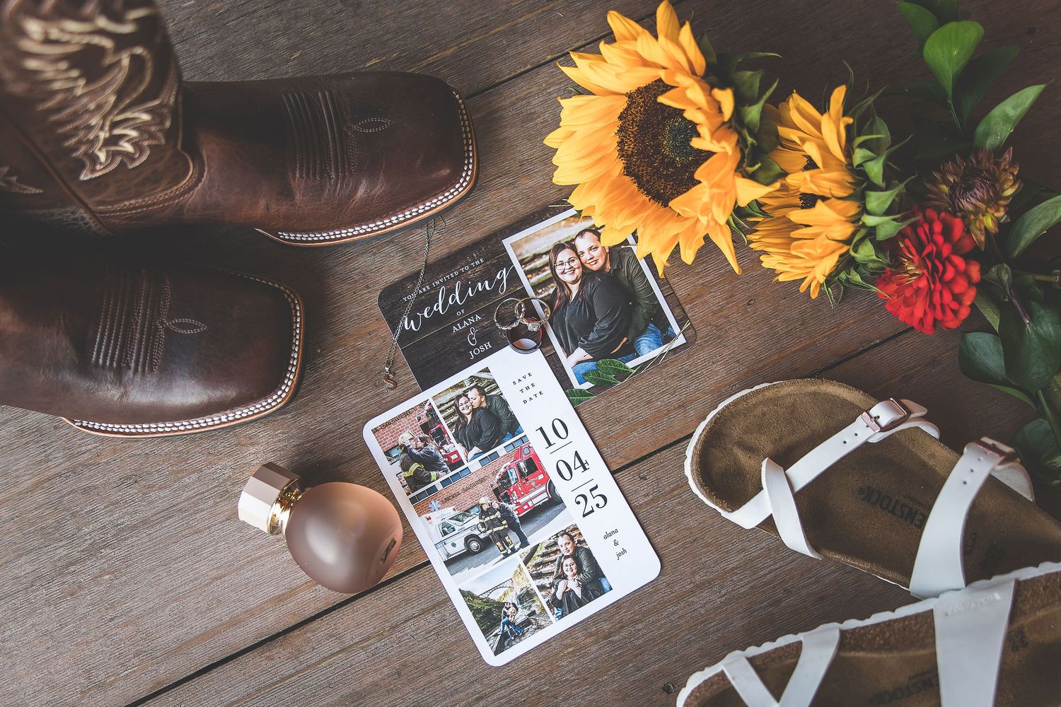 Wedding detail shots with sunflowers and vintage decorative elements on wooden surface.